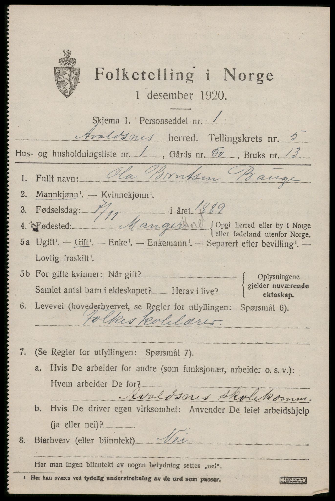 SAST, 1920 census for Avaldsnes, 1920, p. 5163