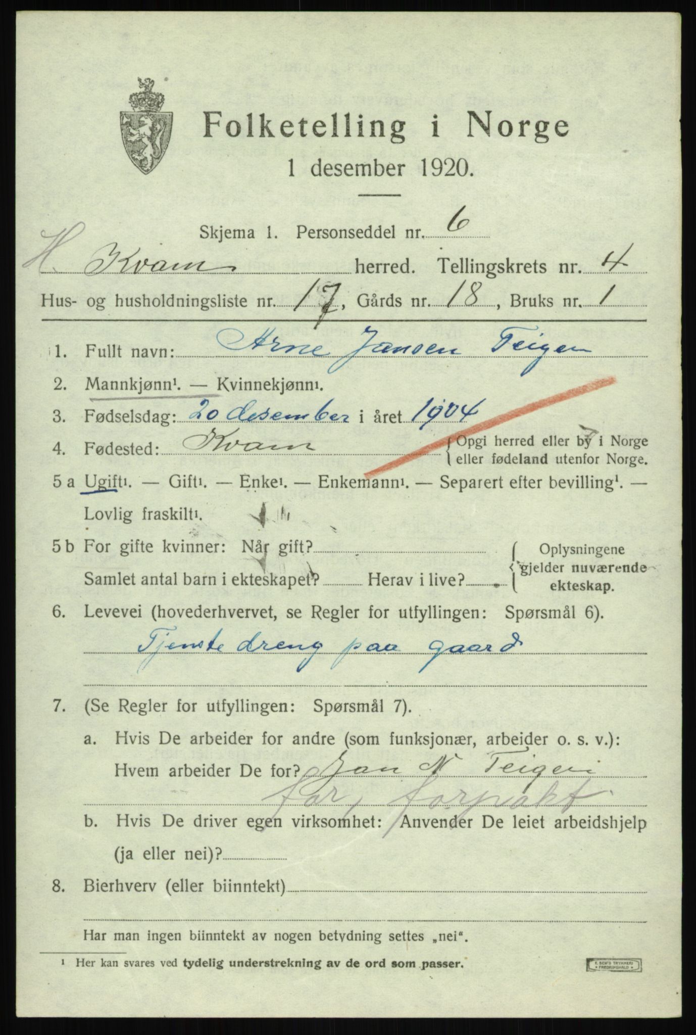 SAB, 1920 census for Kvam, 1920, p. 3445