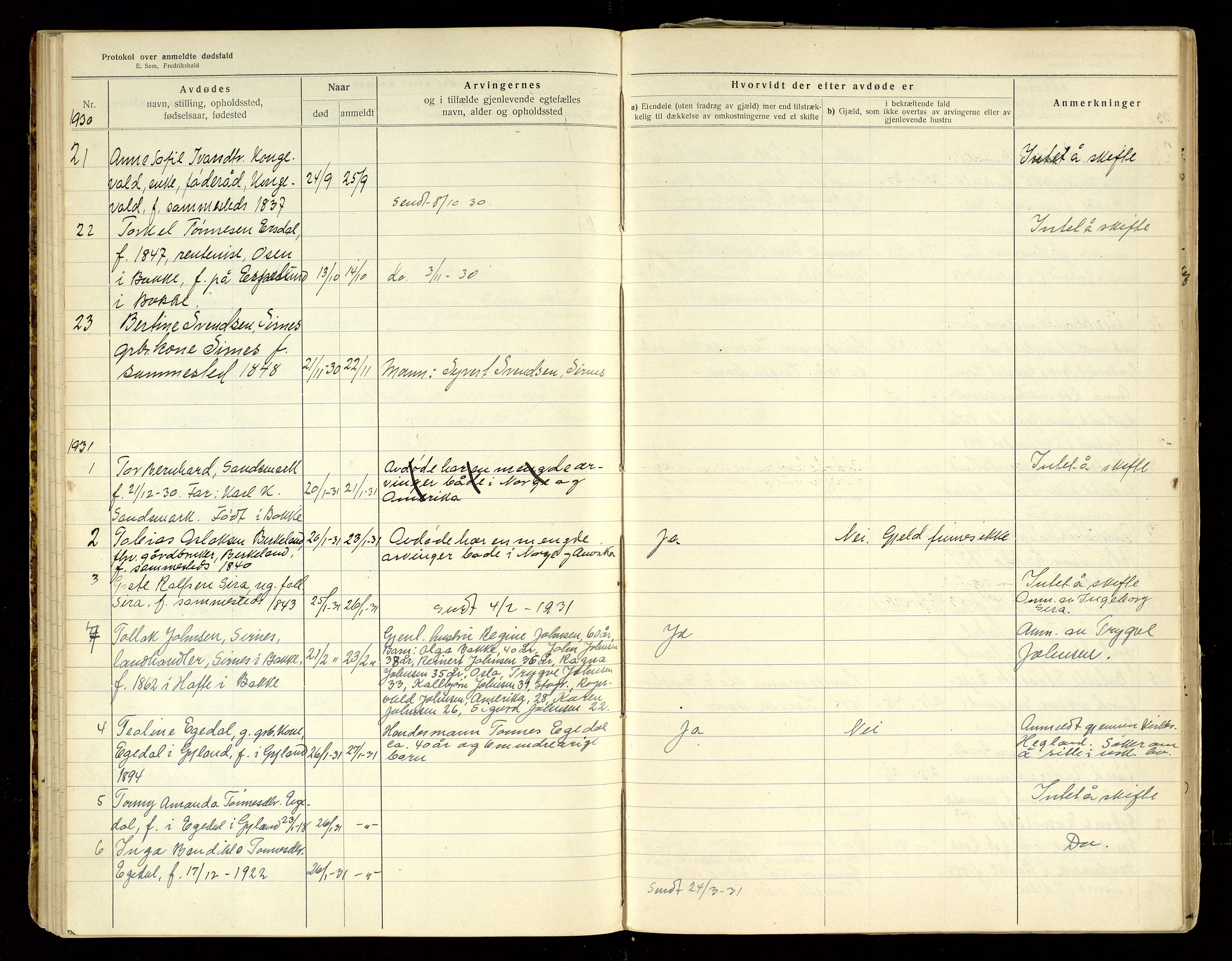 Bakke og Gyland lensmannskontor, AV/SAK-1241-0002/F/Fe/L0006: Anmeldte dødsfall nr 57A, 1918-1942