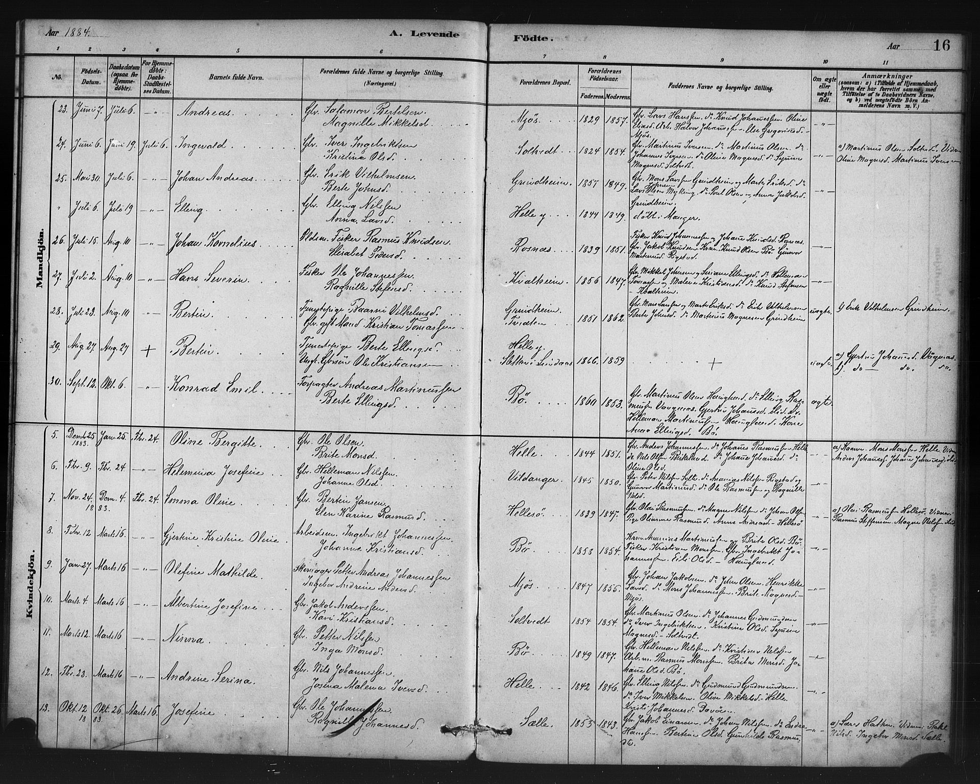 Manger sokneprestembete, AV/SAB-A-76801/H/Haa: Parish register (official) no. C 1, 1881-1890, p. 16