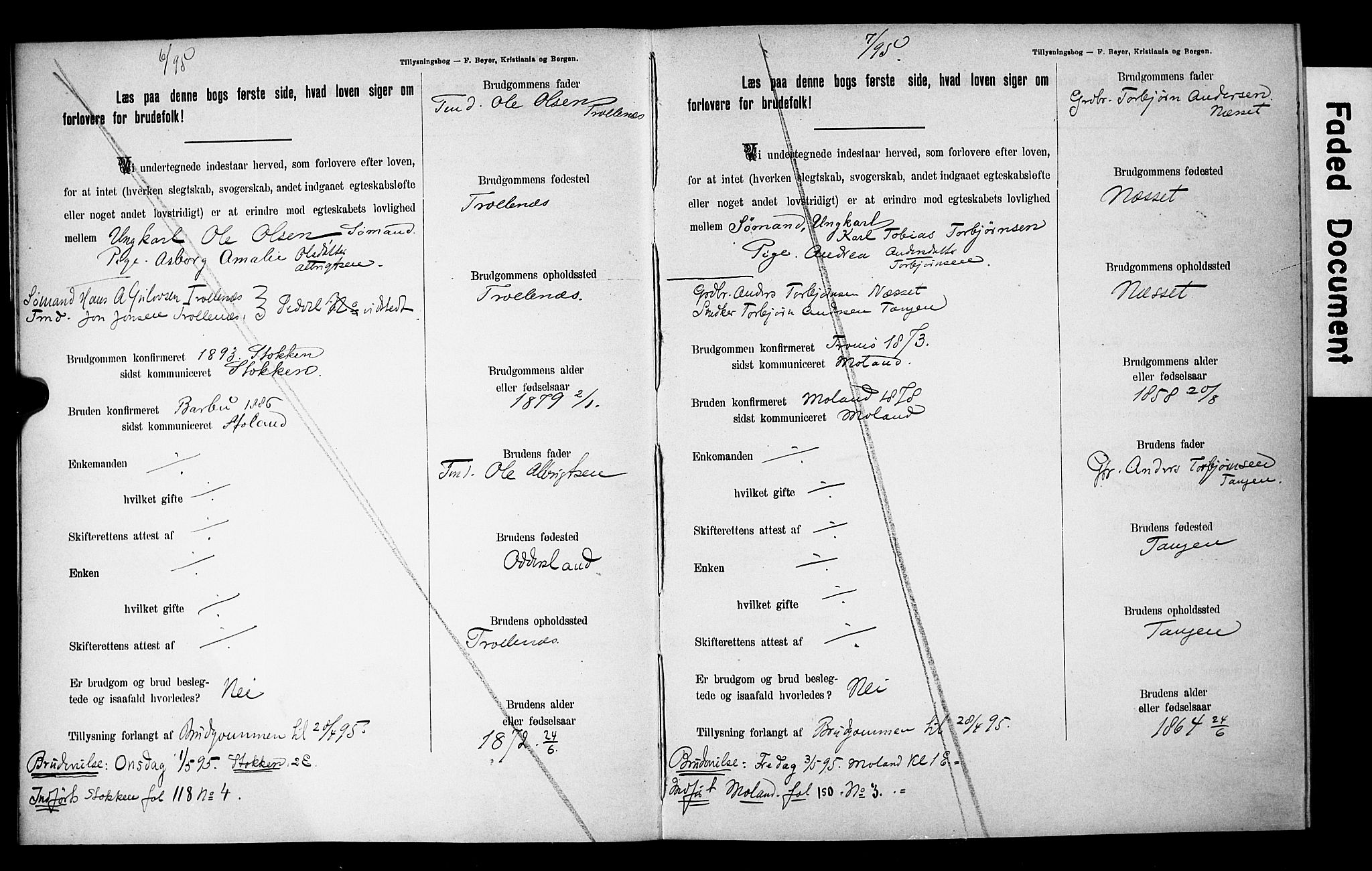 Austre Moland sokneprestkontor, AV/SAK-1111-0001/F/Fe/L0001: Banns register no. A VI 10, 1895-1902