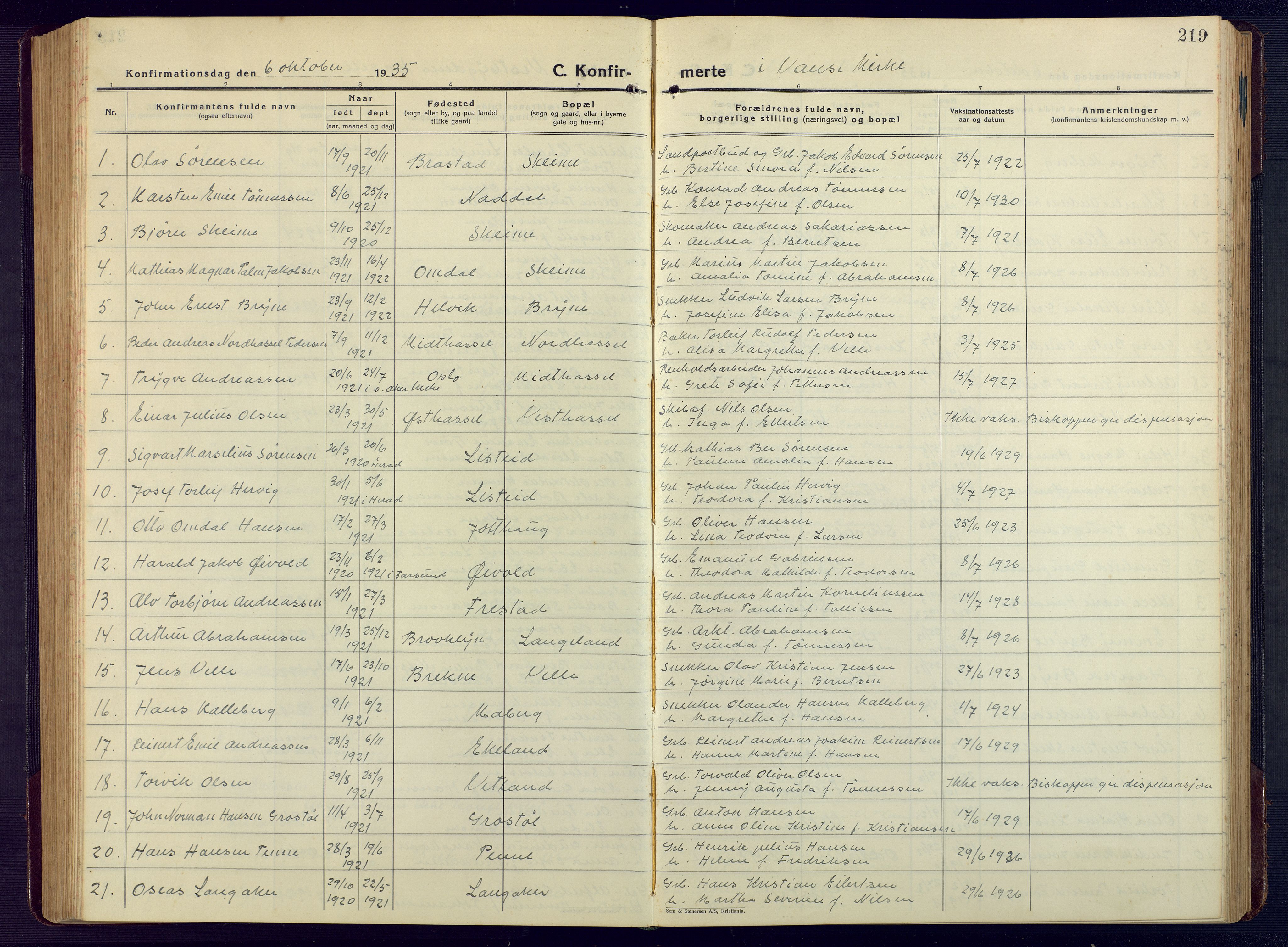 Lista sokneprestkontor, AV/SAK-1111-0027/F/Fb/L0006: Parish register (copy) no. B 6, 1924-1947, p. 219