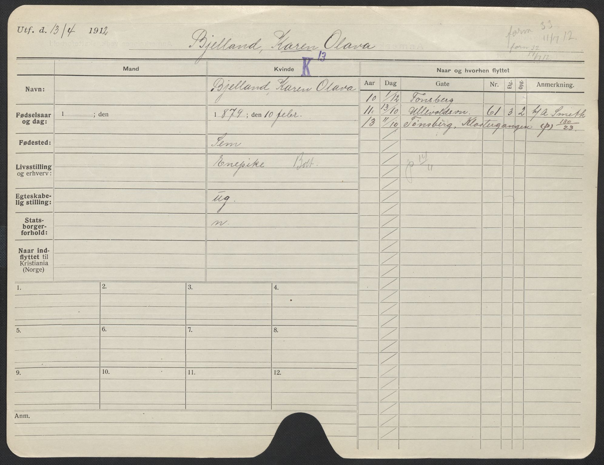 Oslo folkeregister, Registerkort, AV/SAO-A-11715/F/Fa/Fac/L0013: Kvinner, 1906-1914, p. 373a