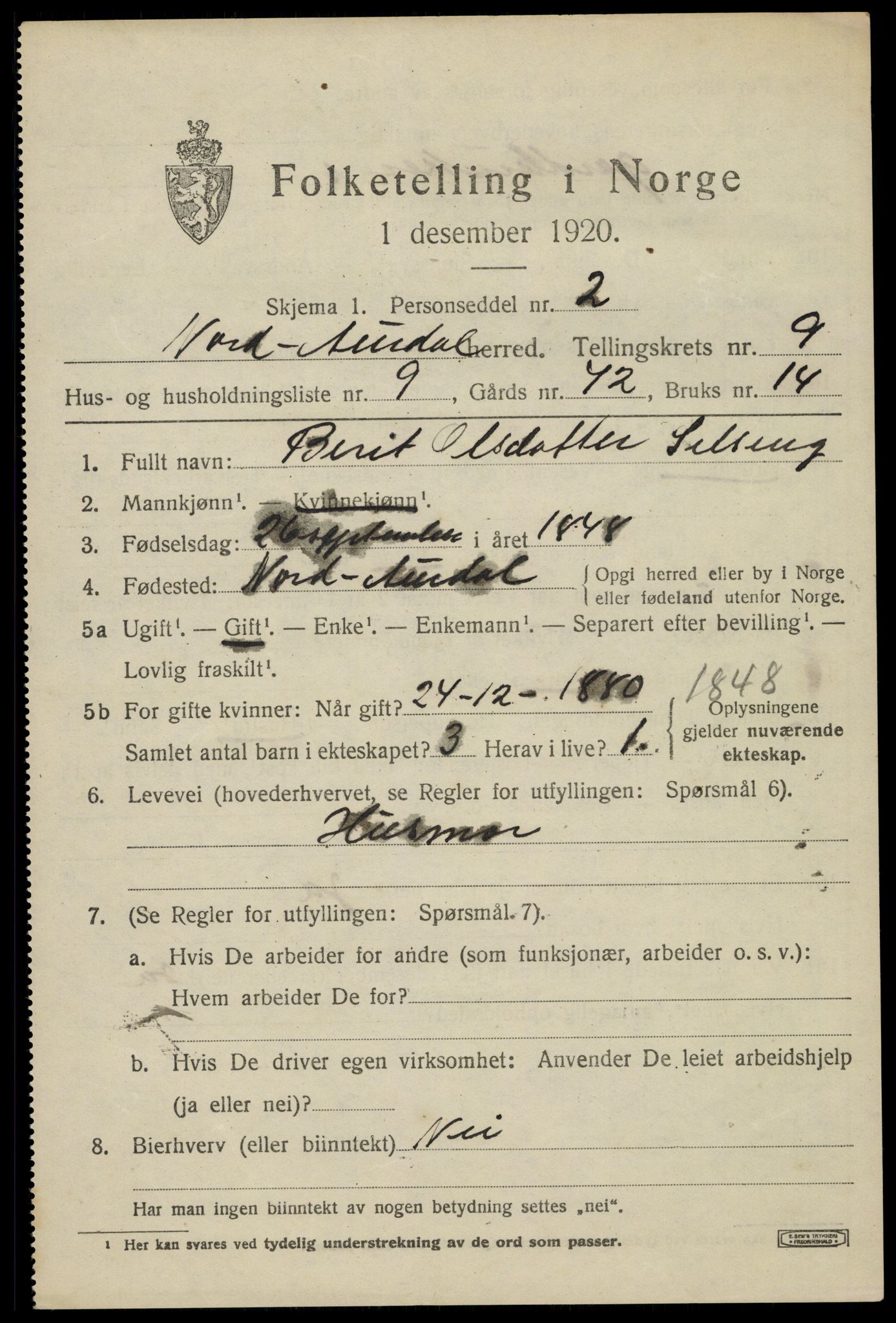 SAH, 1920 census for Nord-Aurdal, 1920, p. 7608