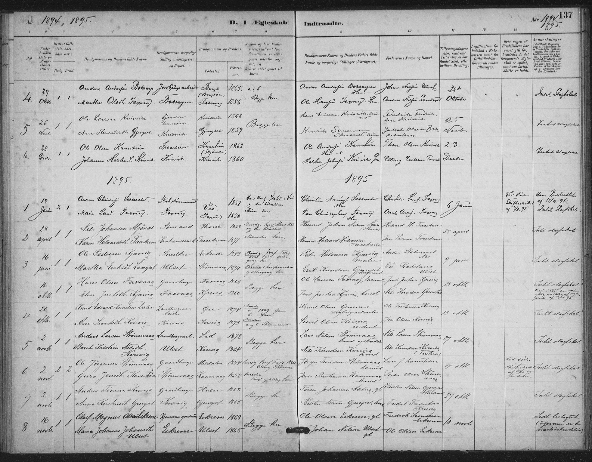 Ministerialprotokoller, klokkerbøker og fødselsregistre - Møre og Romsdal, AV/SAT-A-1454/587/L1000: Parish register (official) no. 587A02, 1887-1910, p. 137