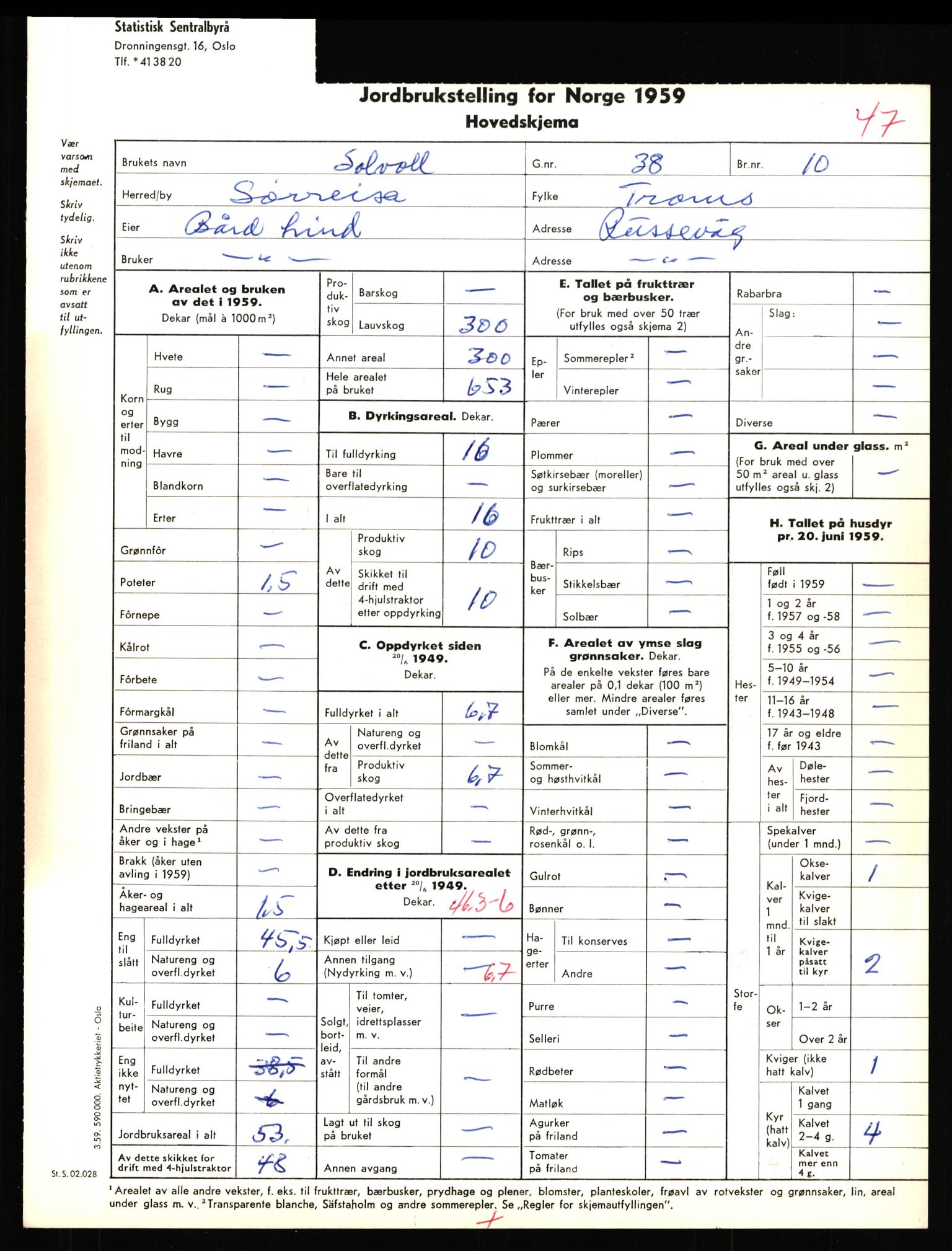 Statistisk sentralbyrå, Næringsøkonomiske emner, Jordbruk, skogbruk, jakt, fiske og fangst, AV/RA-S-2234/G/Gd/L0656: Troms: 1924 Målselv (kl. 0-3) og 1925 Sørreisa, 1959, p. 1133