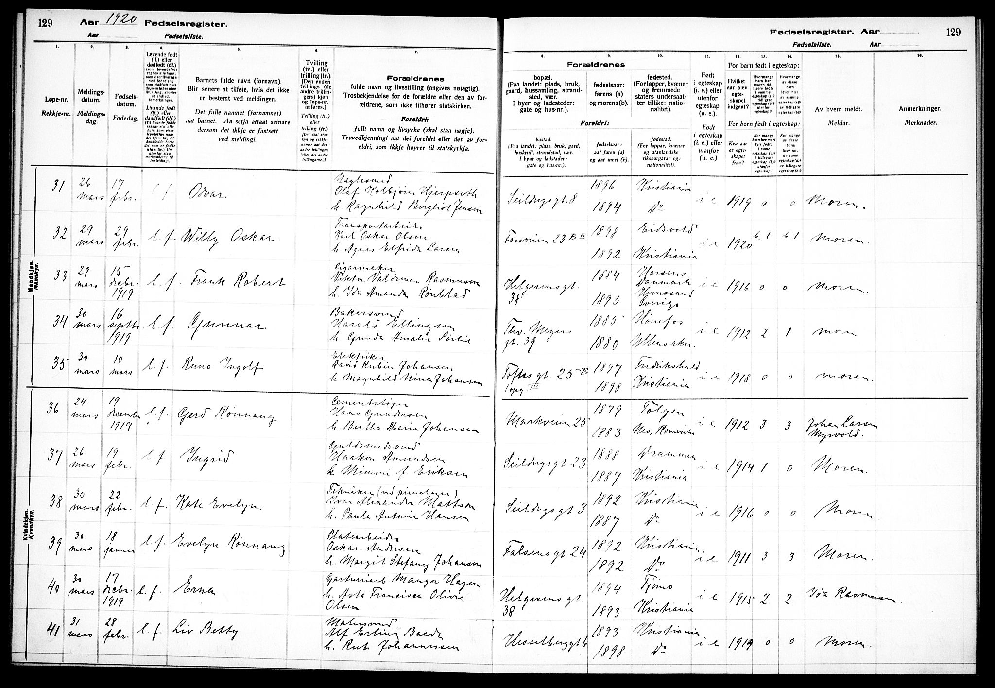 Paulus prestekontor Kirkebøker, AV/SAO-A-10871/J/Ja/L0001: Birth register no. 1, 1916-1923, p. 129