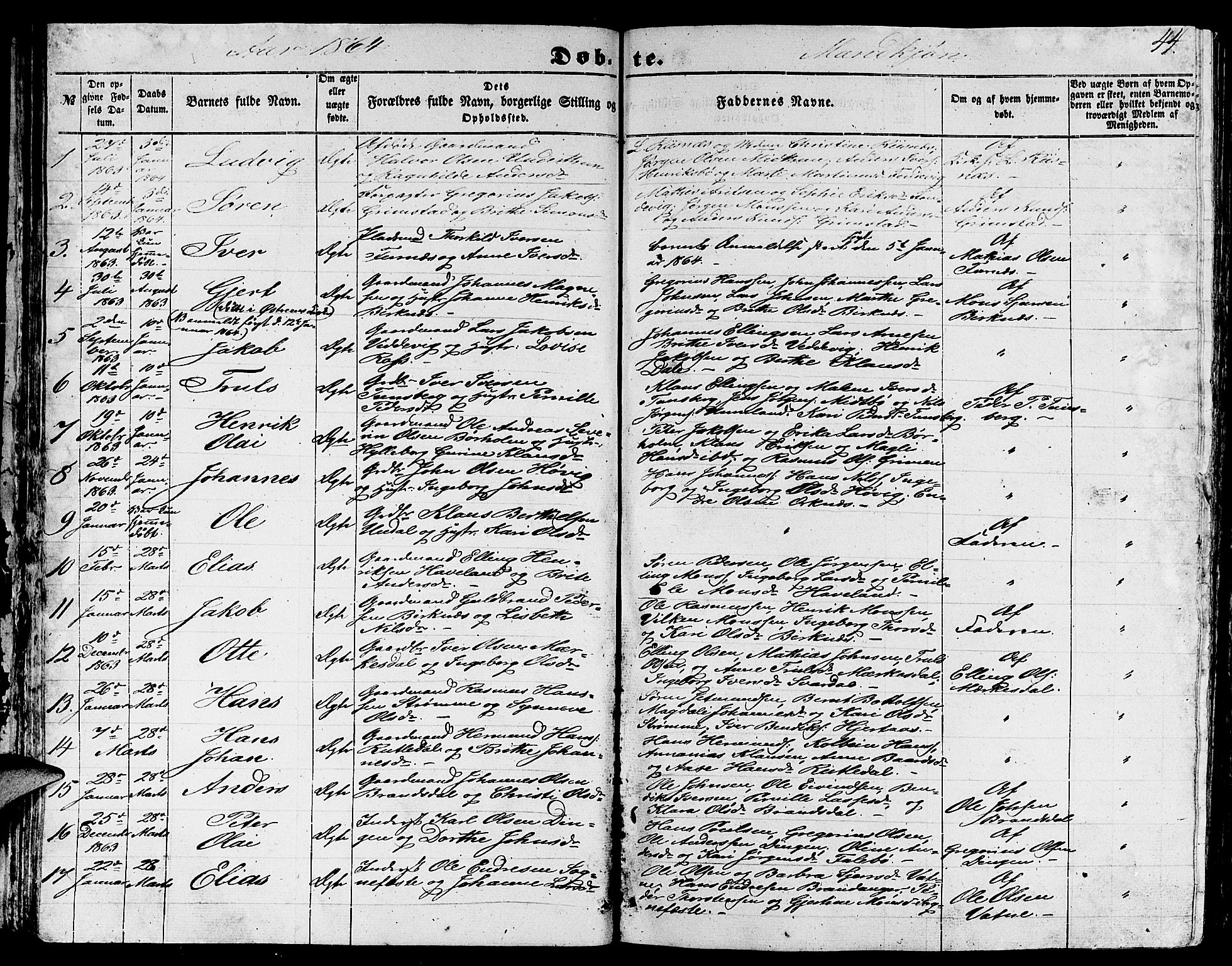 Gulen sokneprestembete, SAB/A-80201/H/Hab/Habb/L0001: Parish register (copy) no. B 1, 1854-1866, p. 44