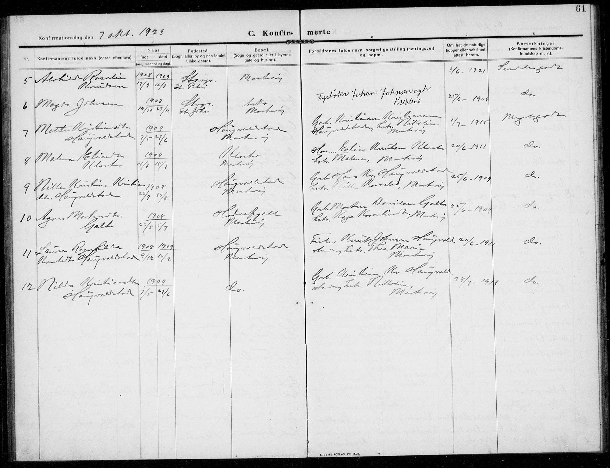 Rennesøy sokneprestkontor, AV/SAST-A -101827/H/Ha/Haa/L0017: Parish register (official) no. A 17, 1908-1926, p. 61