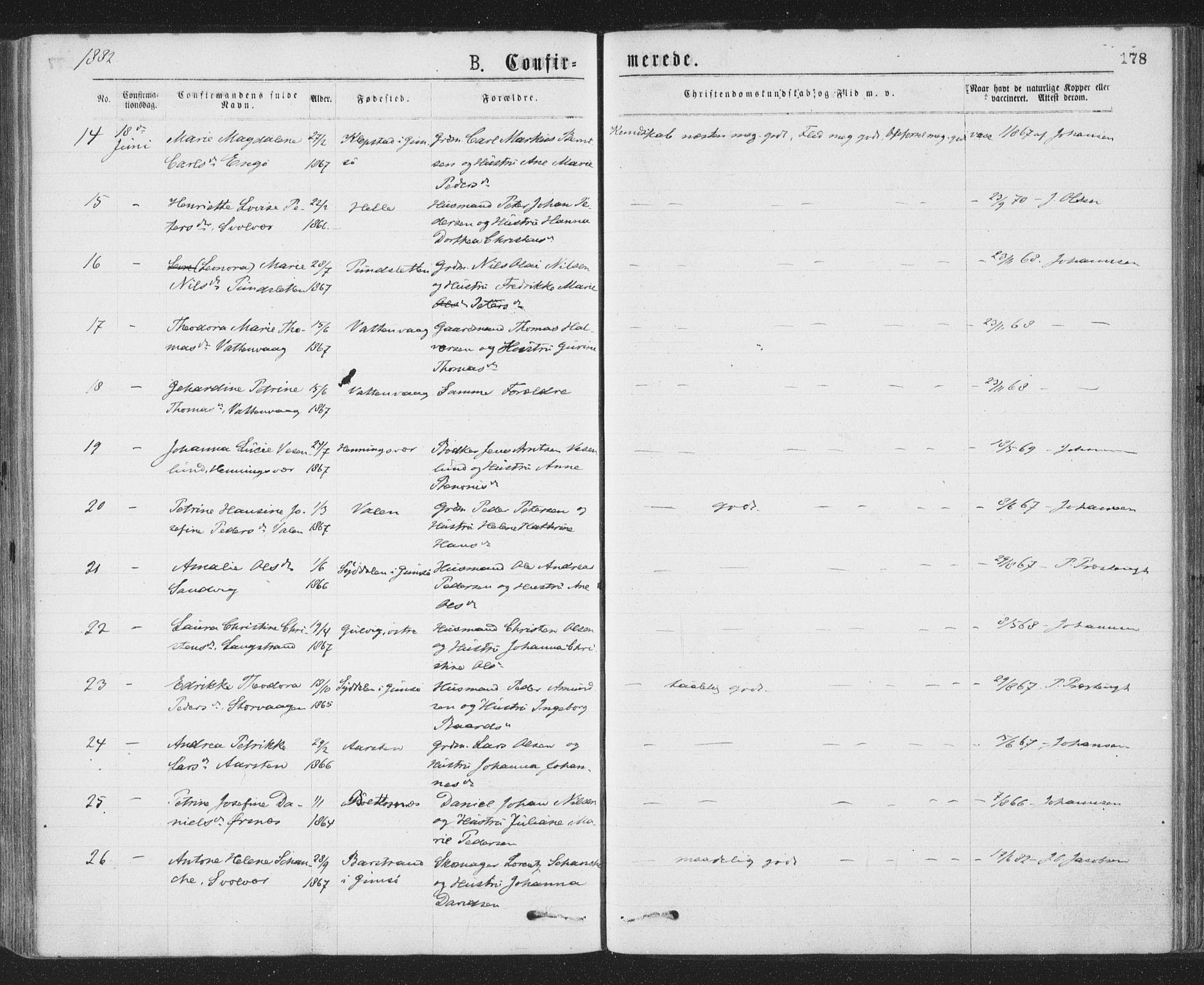 Ministerialprotokoller, klokkerbøker og fødselsregistre - Nordland, SAT/A-1459/874/L1058: Parish register (official) no. 874A02, 1878-1883, p. 178
