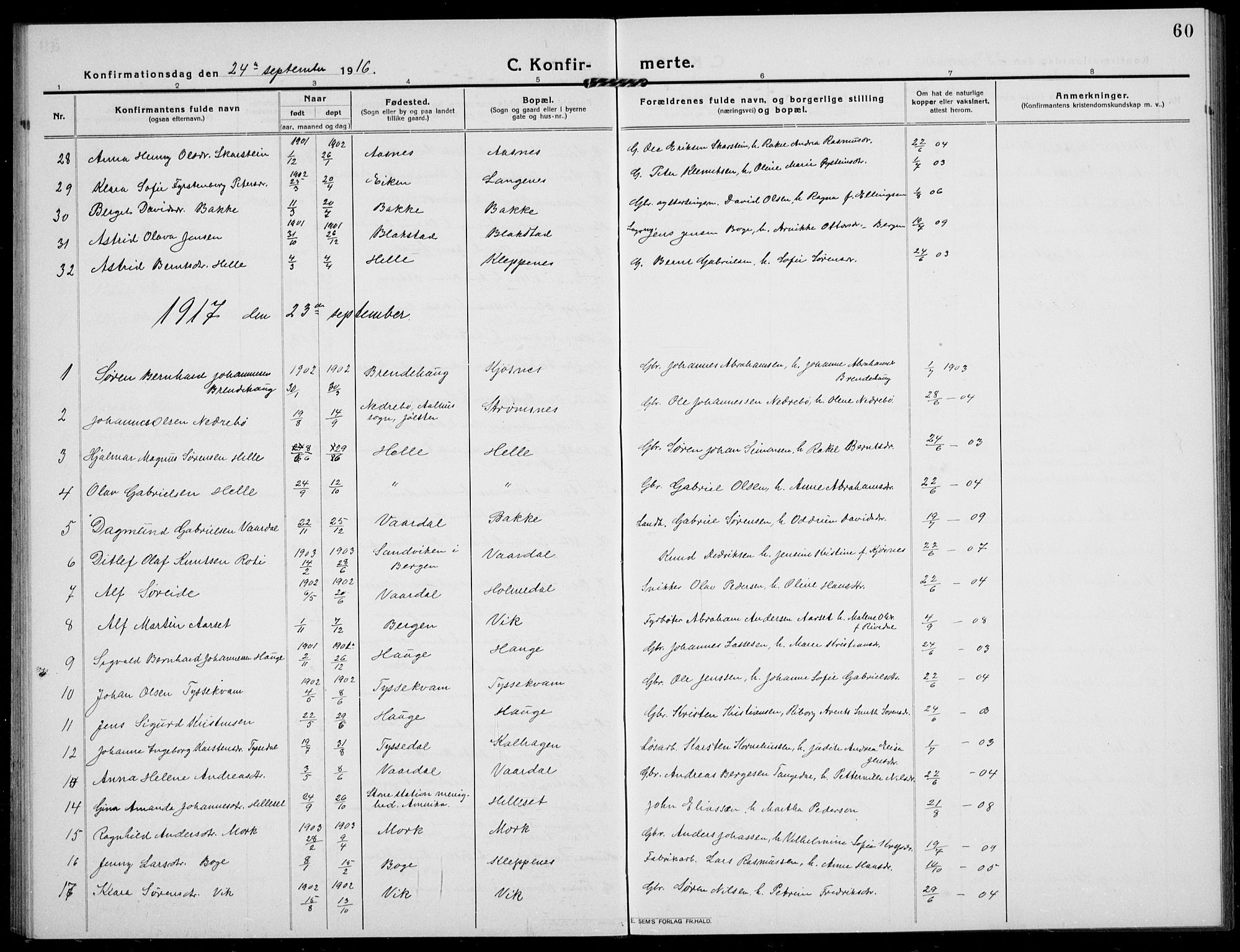 Fjaler sokneprestembete, AV/SAB-A-79801/H/Hab/Habb/L0003: Parish register (copy) no. B 3, 1913-1940, p. 60