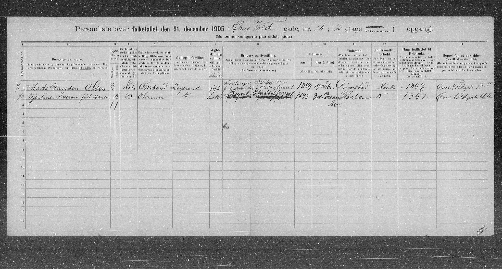 OBA, Municipal Census 1905 for Kristiania, 1905, p. 68500