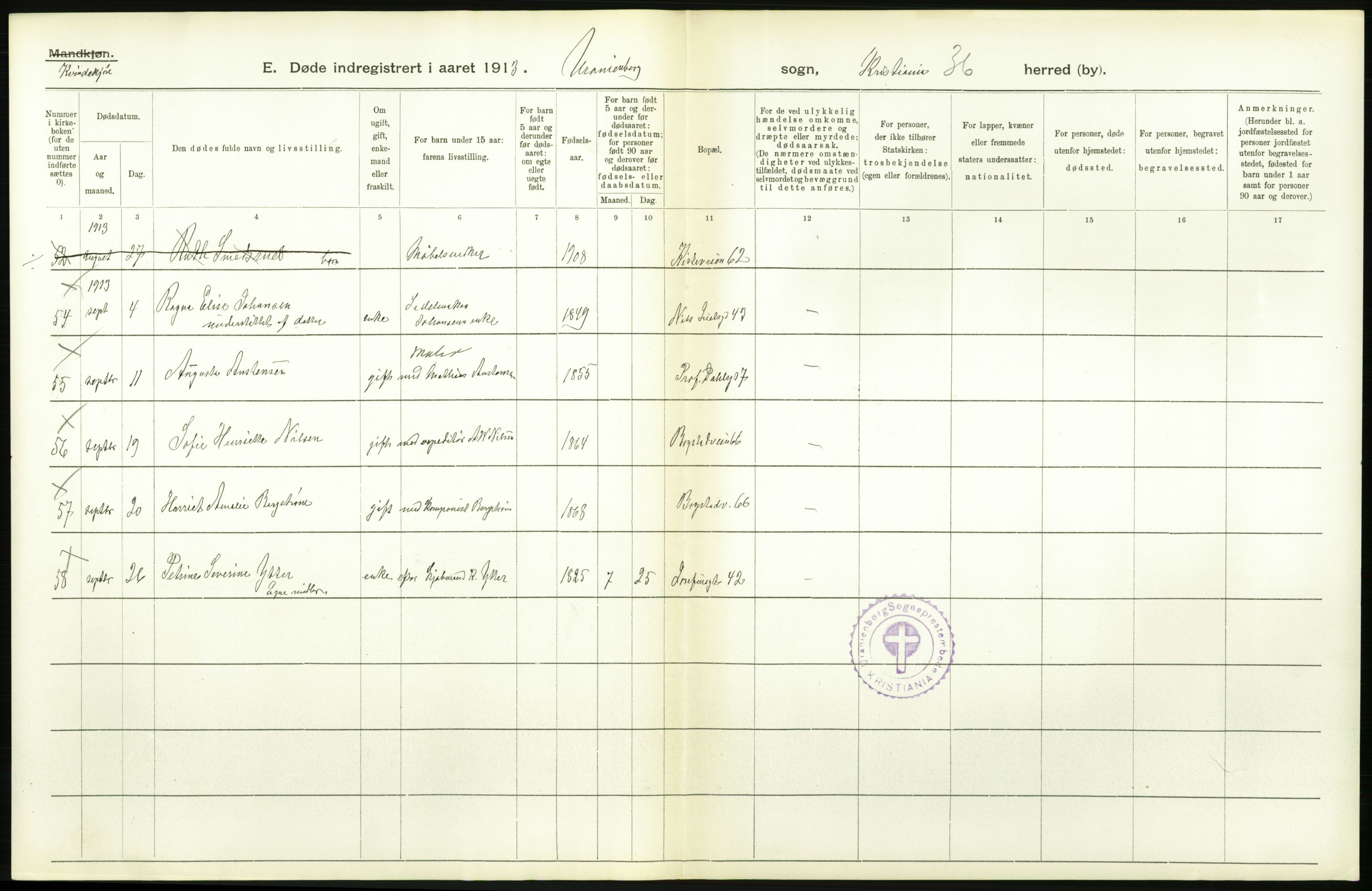 Statistisk sentralbyrå, Sosiodemografiske emner, Befolkning, AV/RA-S-2228/D/Df/Dfb/Dfbc/L0009: Kristiania: Døde., 1913, p. 8