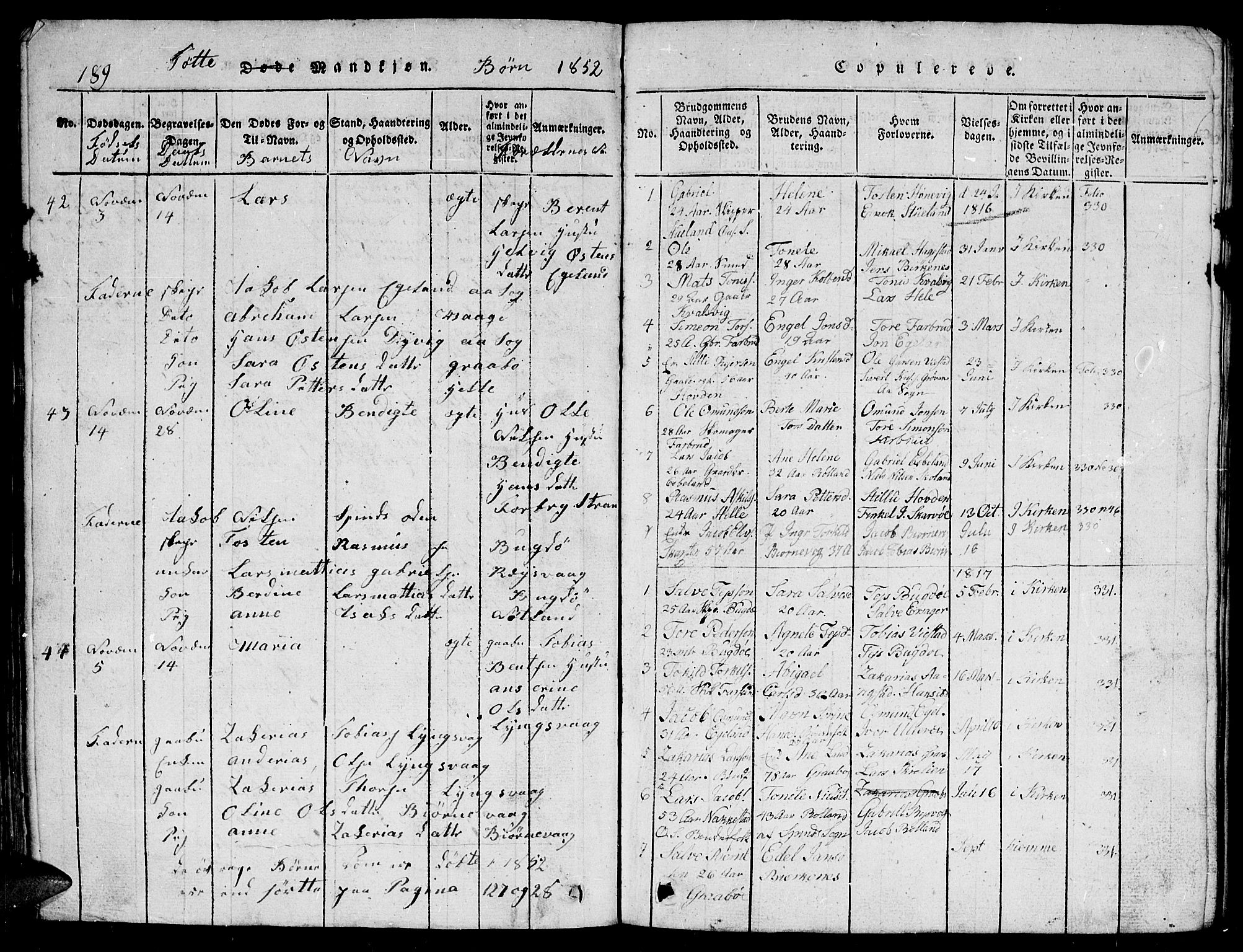 Herad sokneprestkontor, SAK/1111-0018/F/Fb/Fbb/L0001: Parish register (copy) no. B 1, 1815-1852, p. 189