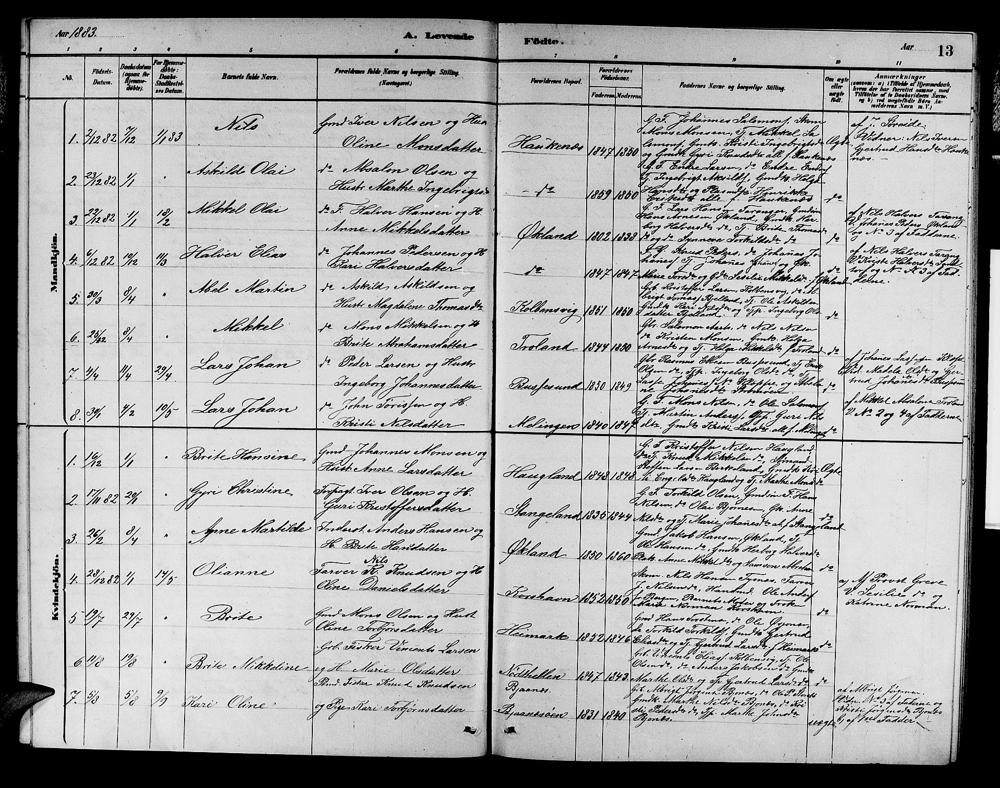 Austevoll Sokneprestembete, SAB/A-74201/H/Hab: Parish register (copy) no. A 2, 1880-1888, p. 13
