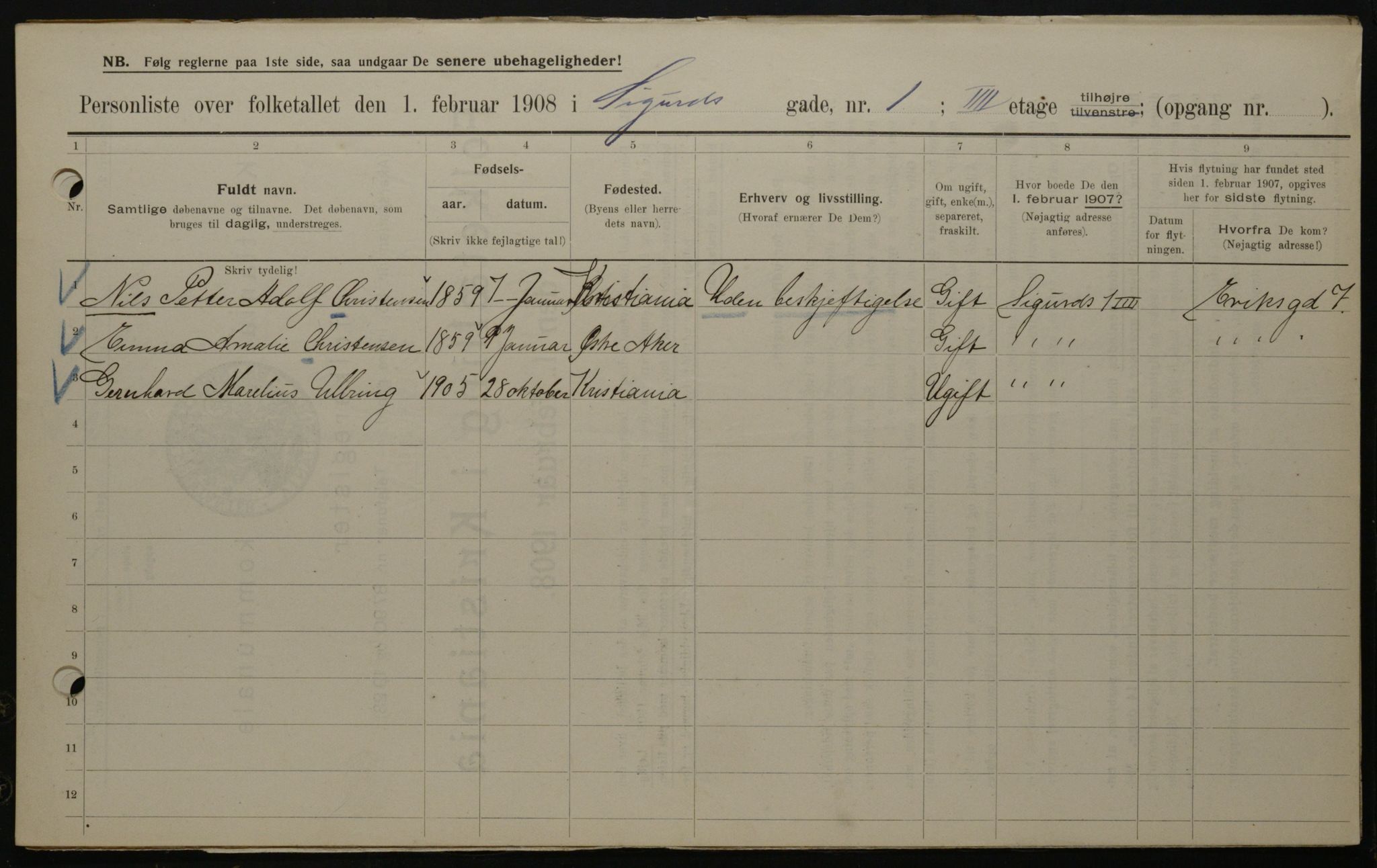 OBA, Municipal Census 1908 for Kristiania, 1908, p. 85326