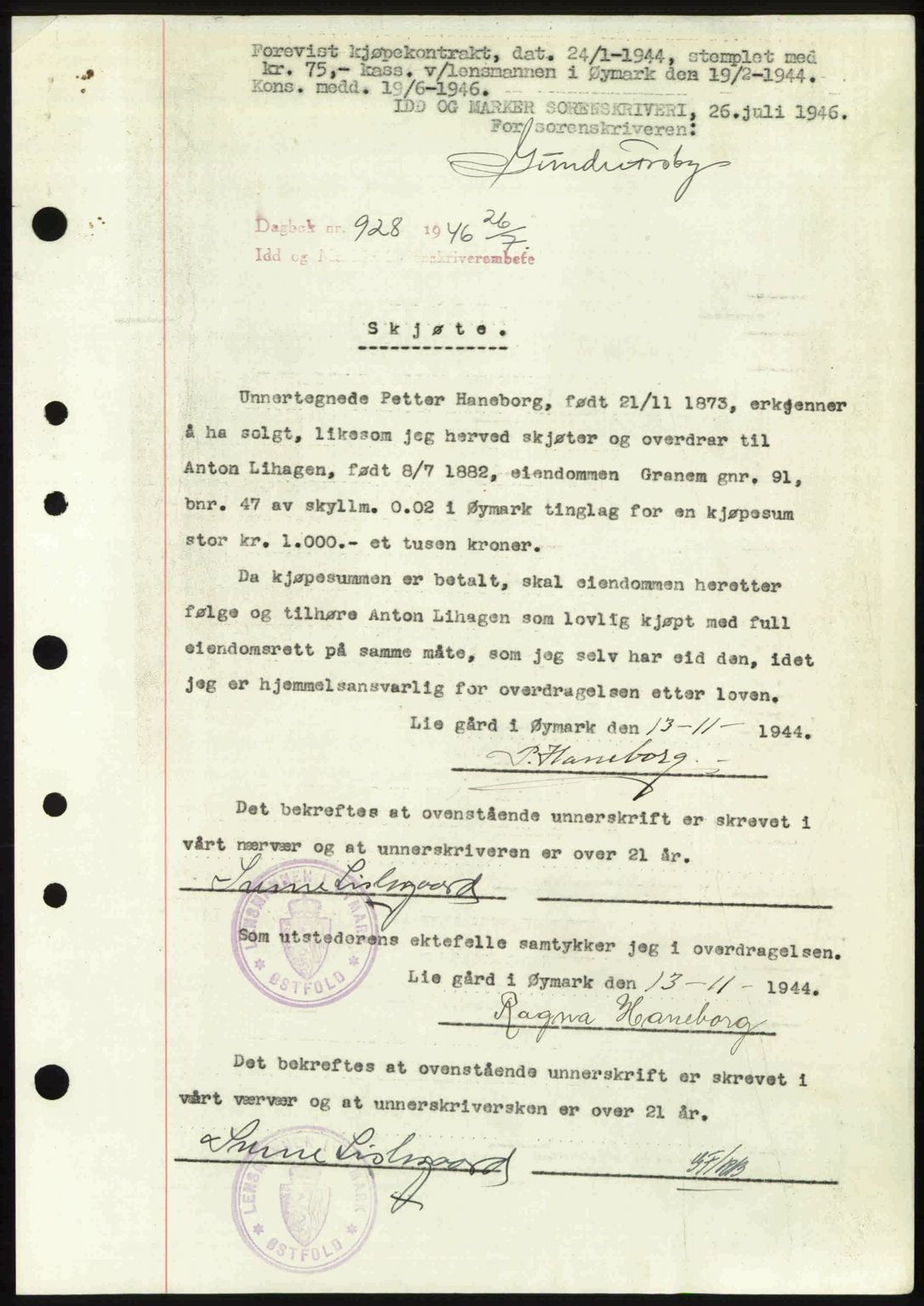 Idd og Marker sorenskriveri, AV/SAO-A-10283/G/Gb/Gbb/L0008: Mortgage book no. A8, 1946-1946, Diary no: : 928/1946