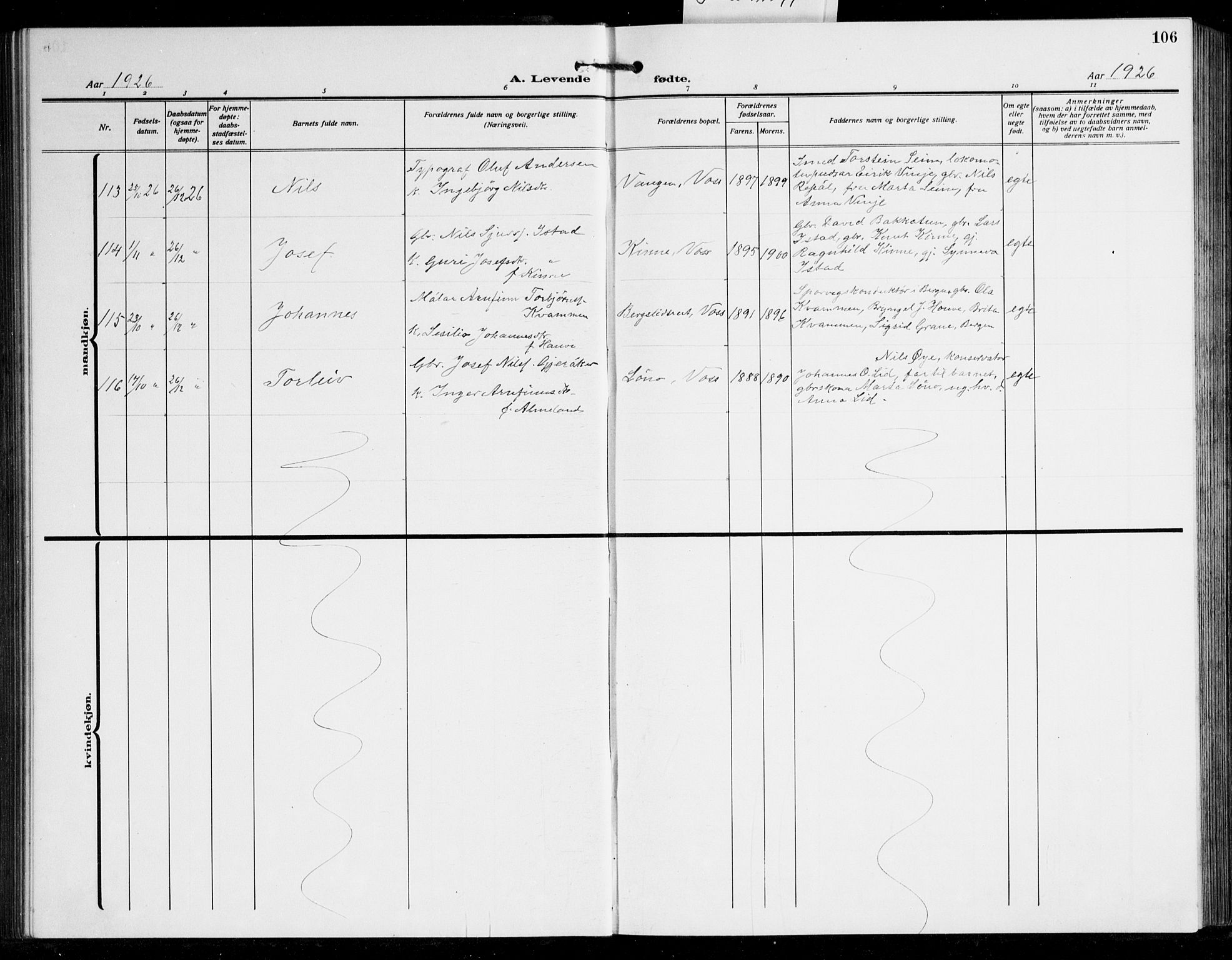 Voss sokneprestembete, SAB/A-79001/H/Hab: Parish register (copy) no. C 4, 1920-1944, p. 106