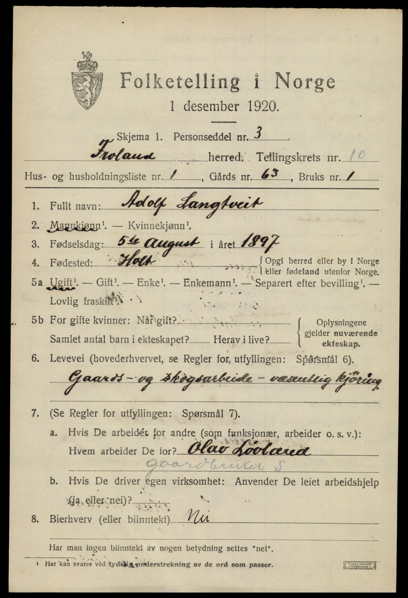 SAK, 1920 census for Froland, 1920, p. 5277