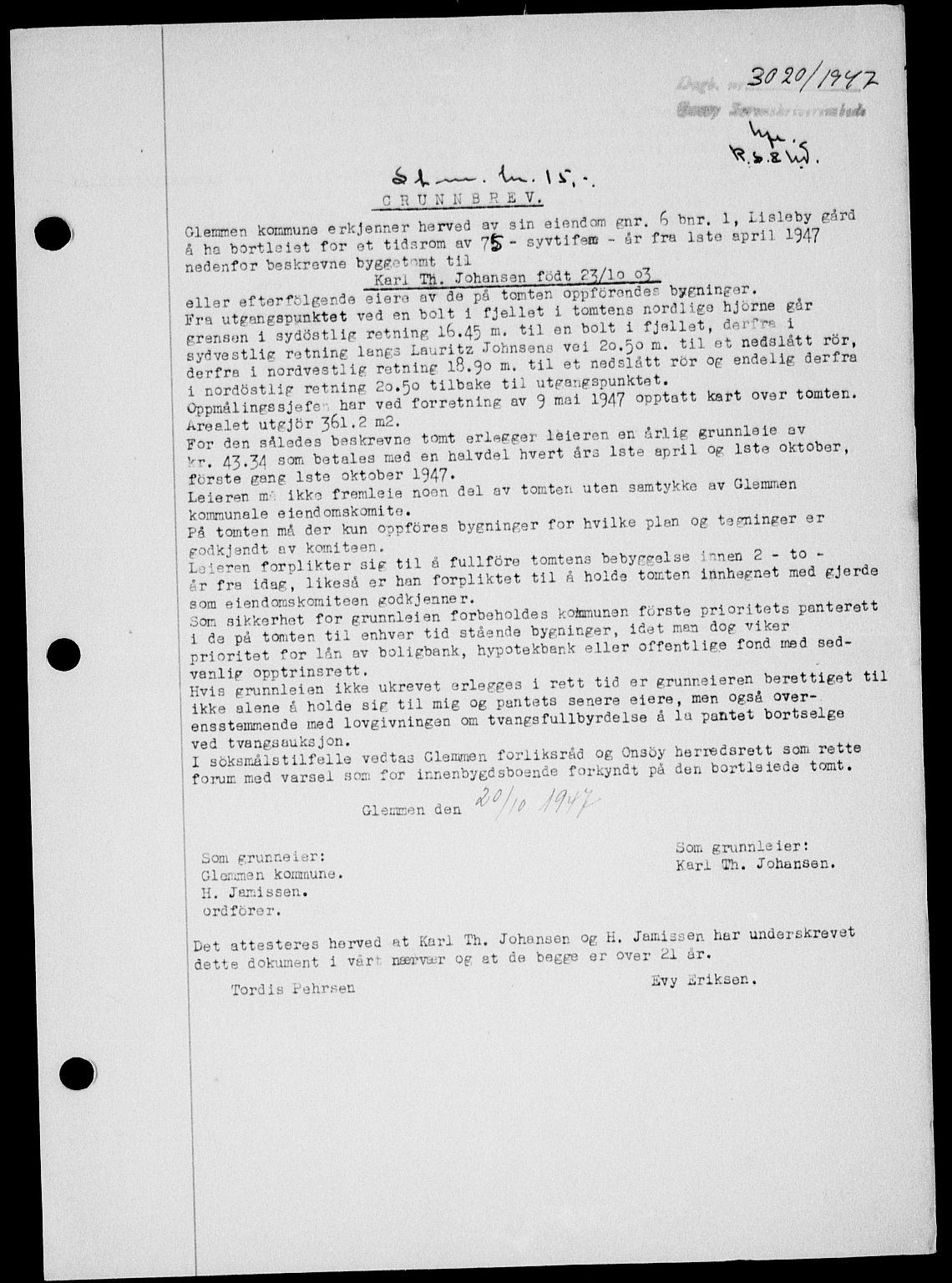Onsøy sorenskriveri, SAO/A-10474/G/Ga/Gab/L0021: Mortgage book no. II A-21, 1947-1947, Diary no: : 3020/1947