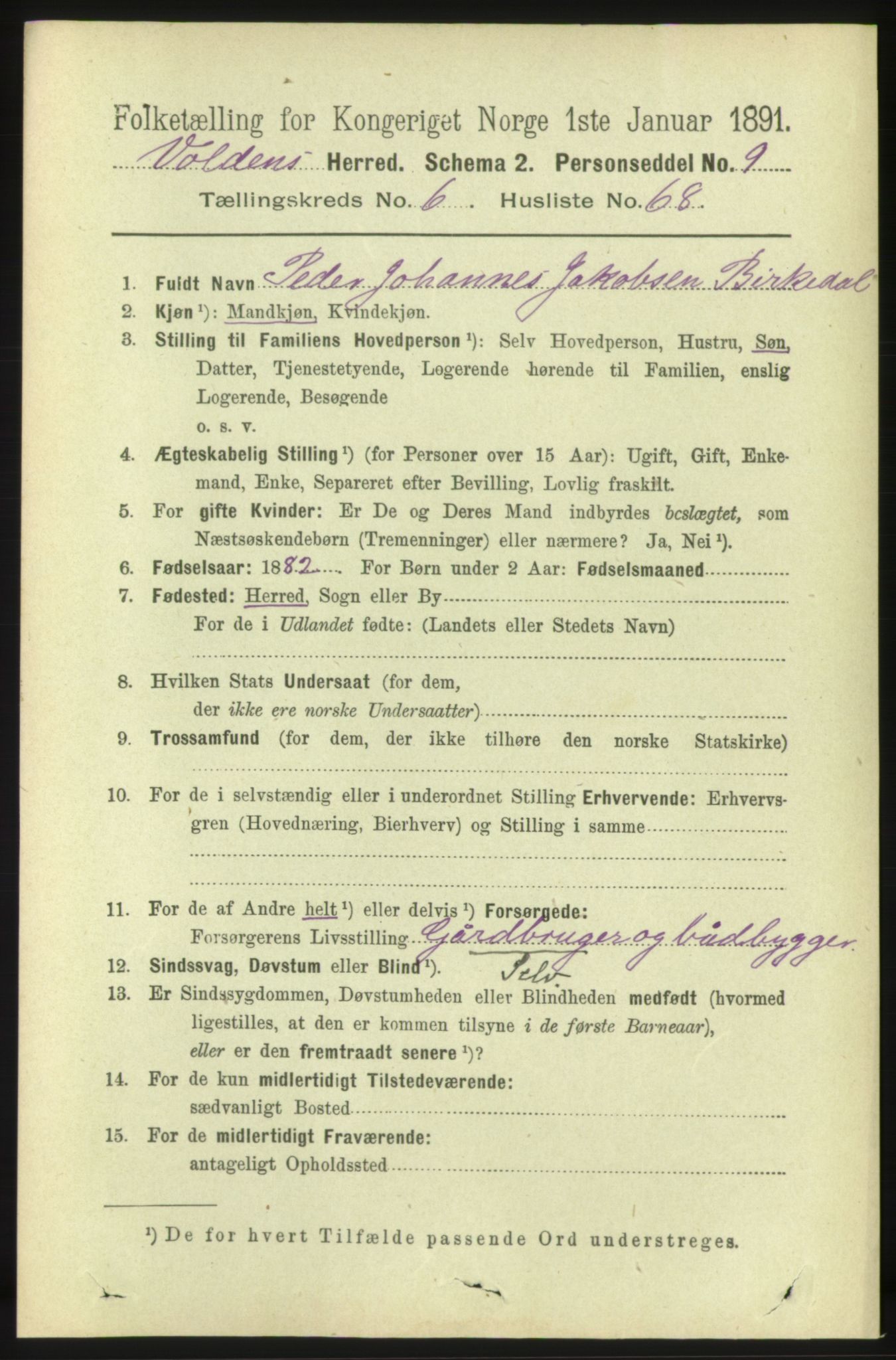 RA, 1891 census for 1519 Volda, 1891, p. 3279