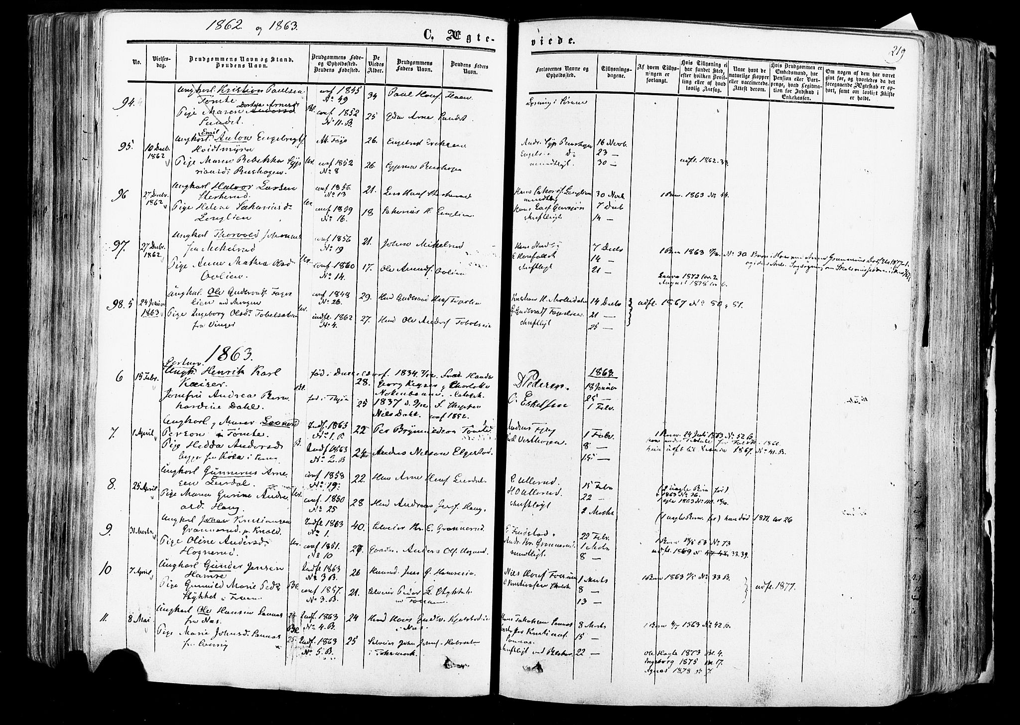 Aurskog prestekontor Kirkebøker, SAO/A-10304a/F/Fa/L0007: Parish register (official) no. I 7, 1854-1877, p. 219