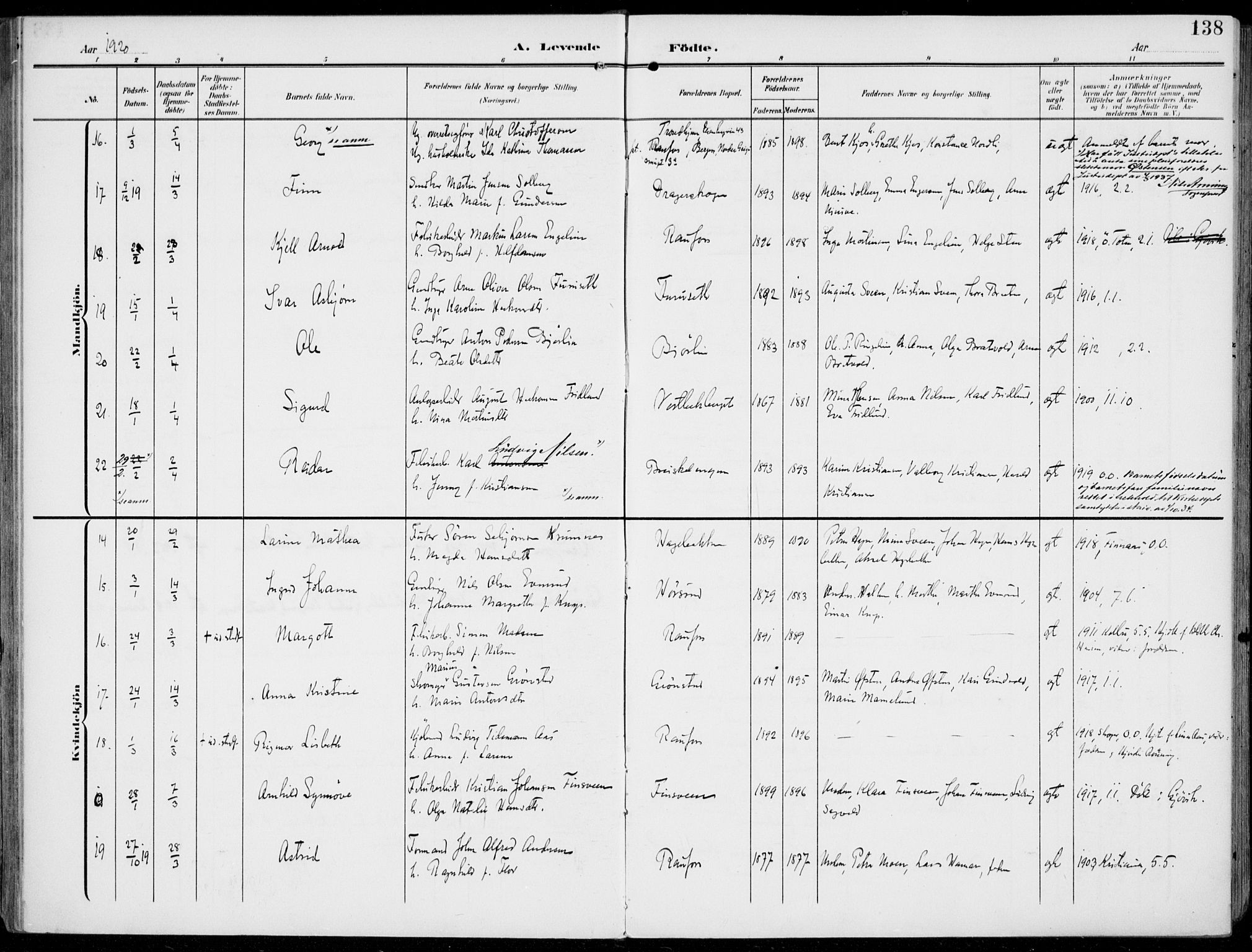 Vestre Toten prestekontor, AV/SAH-PREST-108/H/Ha/Haa/L0014: Parish register (official) no. 14, 1907-1920, p. 138