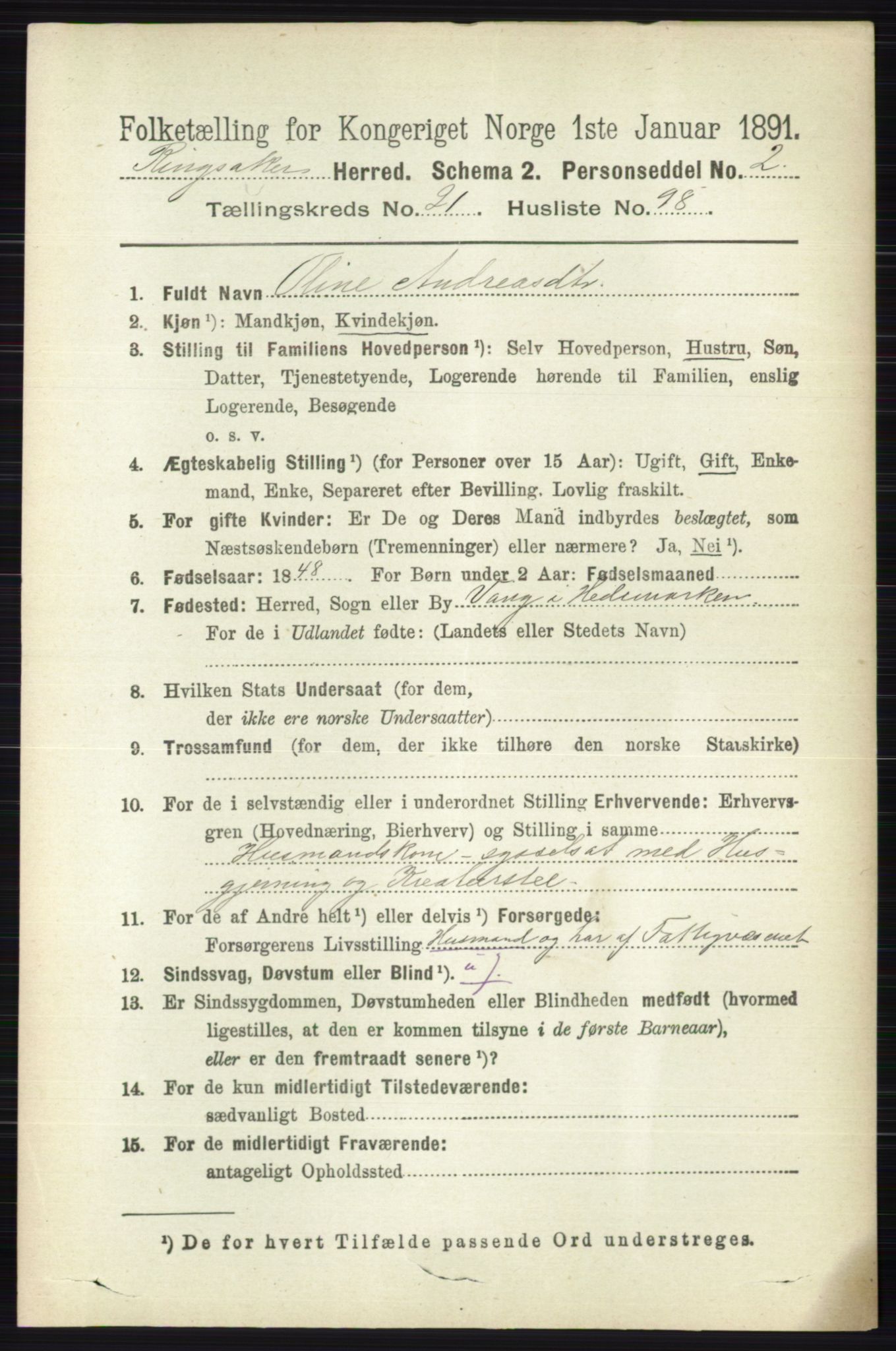 RA, 1891 census for 0412 Ringsaker, 1891, p. 12307