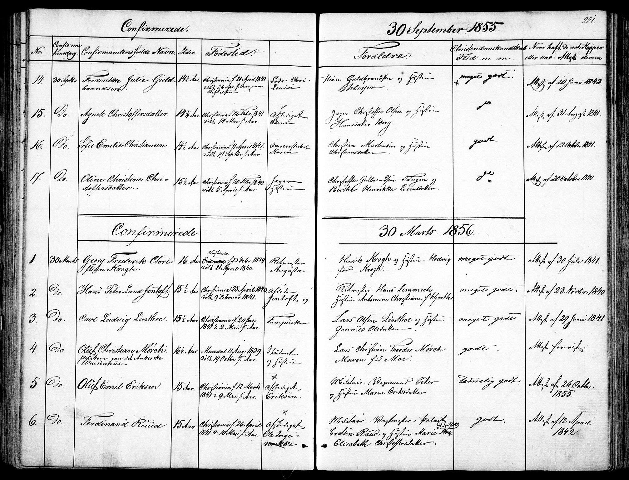 Garnisonsmenigheten Kirkebøker, SAO/A-10846/F/Fa/L0008: Parish register (official) no. 8, 1842-1859, p. 251