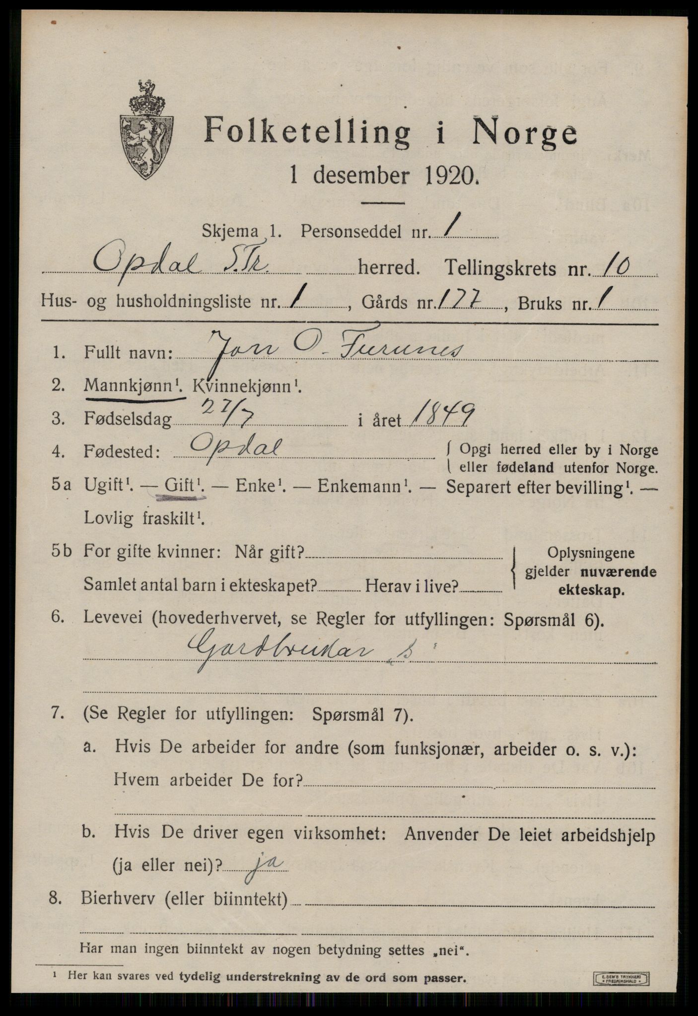 SAT, 1920 census for Oppdal, 1920, p. 8149
