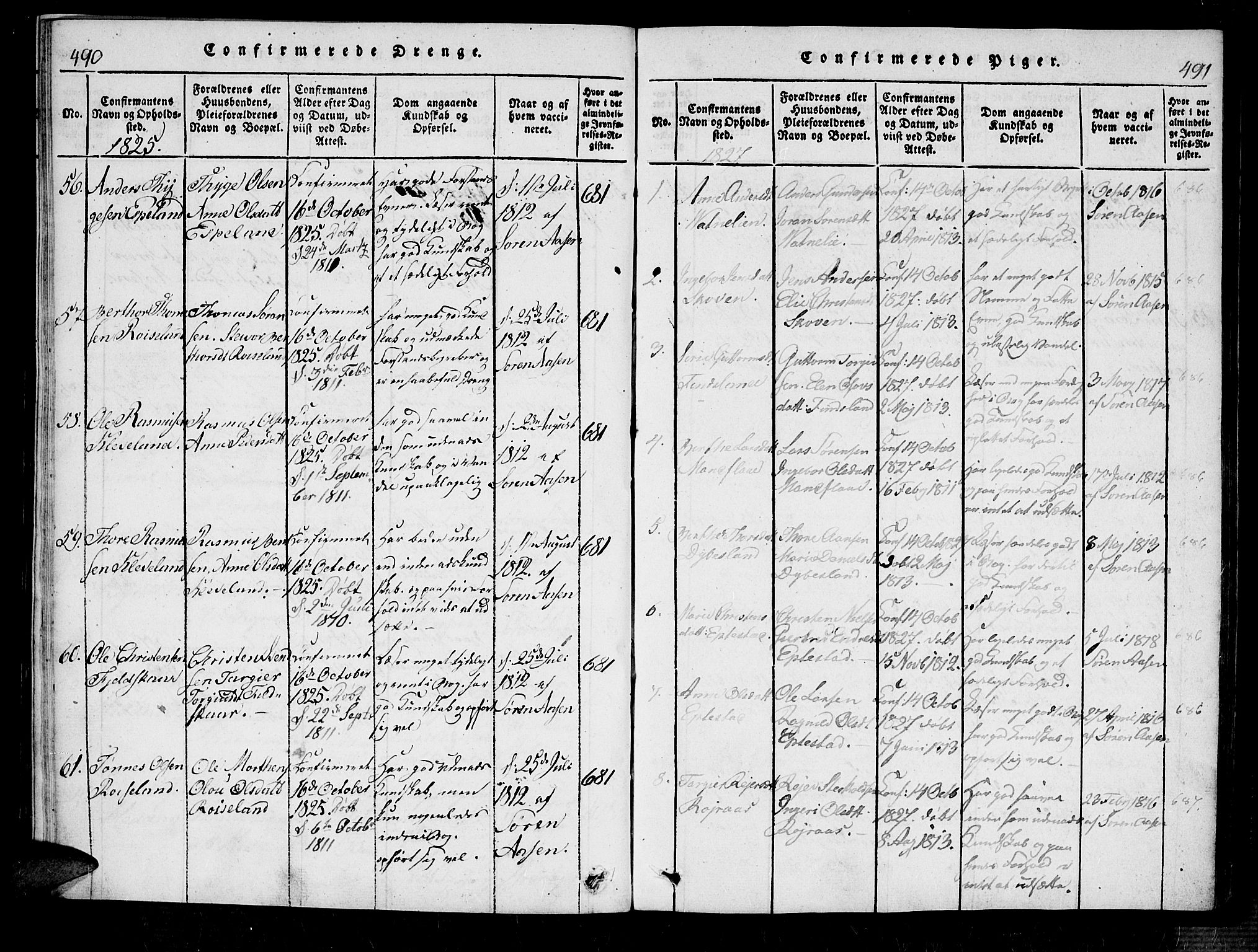 Bjelland sokneprestkontor, SAK/1111-0005/F/Fa/Fab/L0002: Parish register (official) no. A 2, 1816-1869, p. 490-491