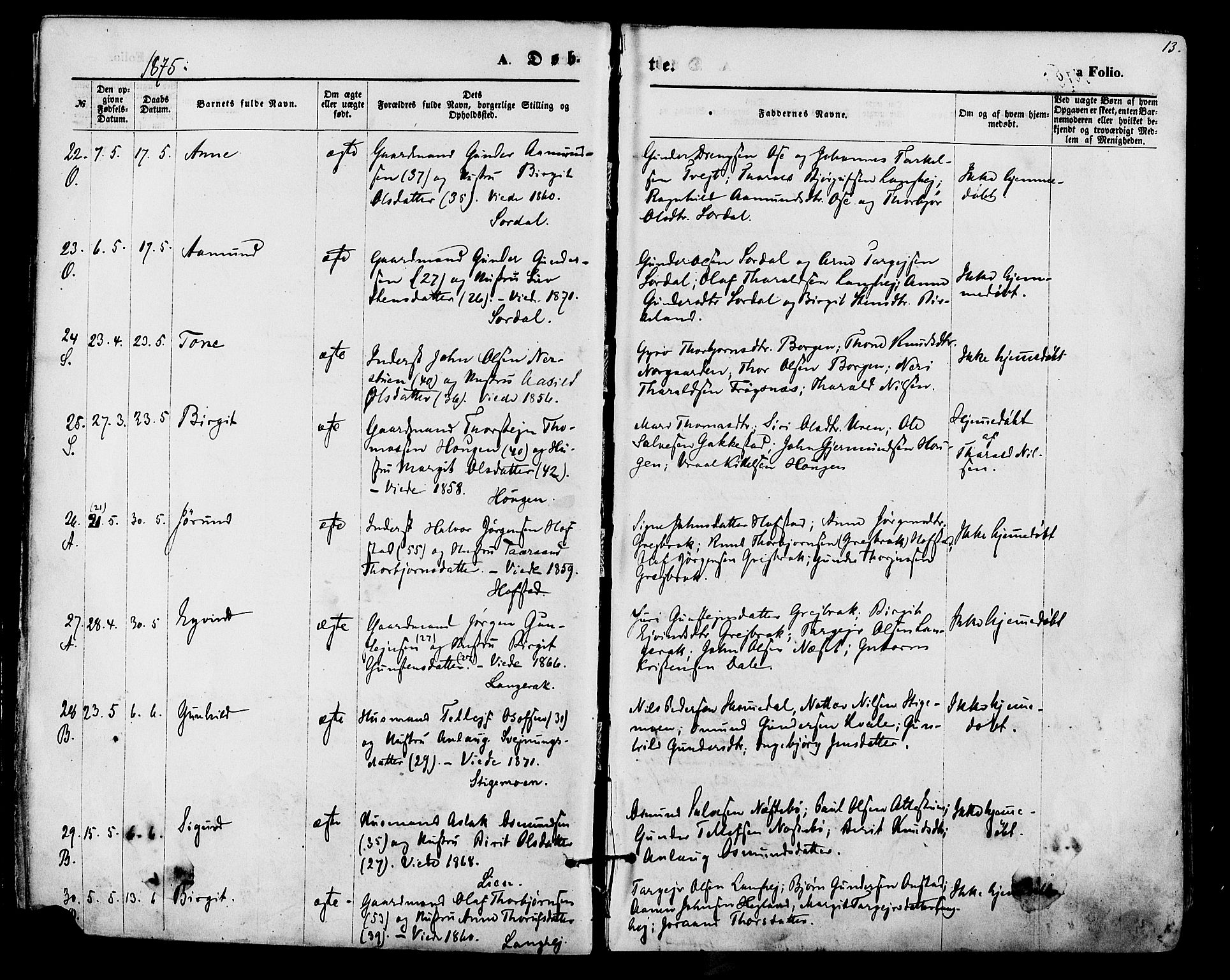 Bygland sokneprestkontor, AV/SAK-1111-0006/F/Fa/Fab/L0006: Parish register (official) no. A 6, 1873-1884, p. 13