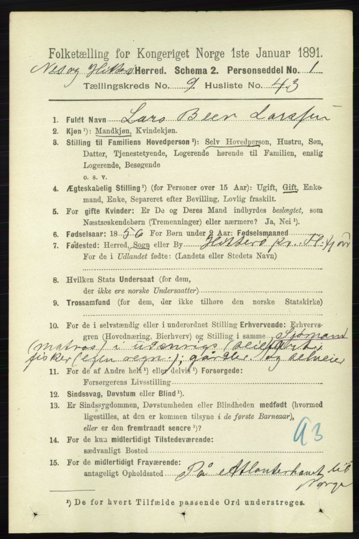 RA, 1891 census for 1043 Hidra og Nes, 1891, p. 4008