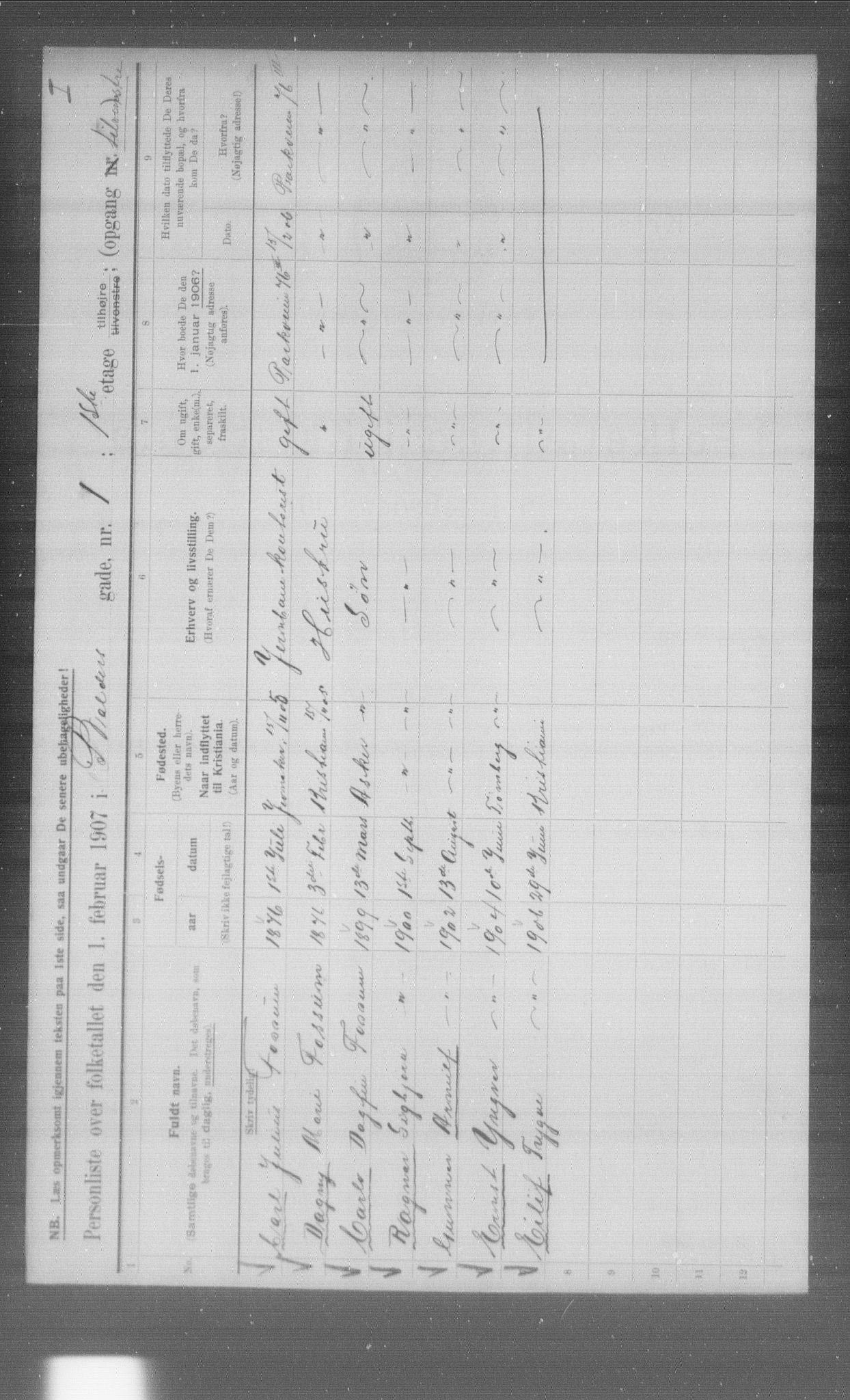 OBA, Municipal Census 1907 for Kristiania, 1907, p. 1630