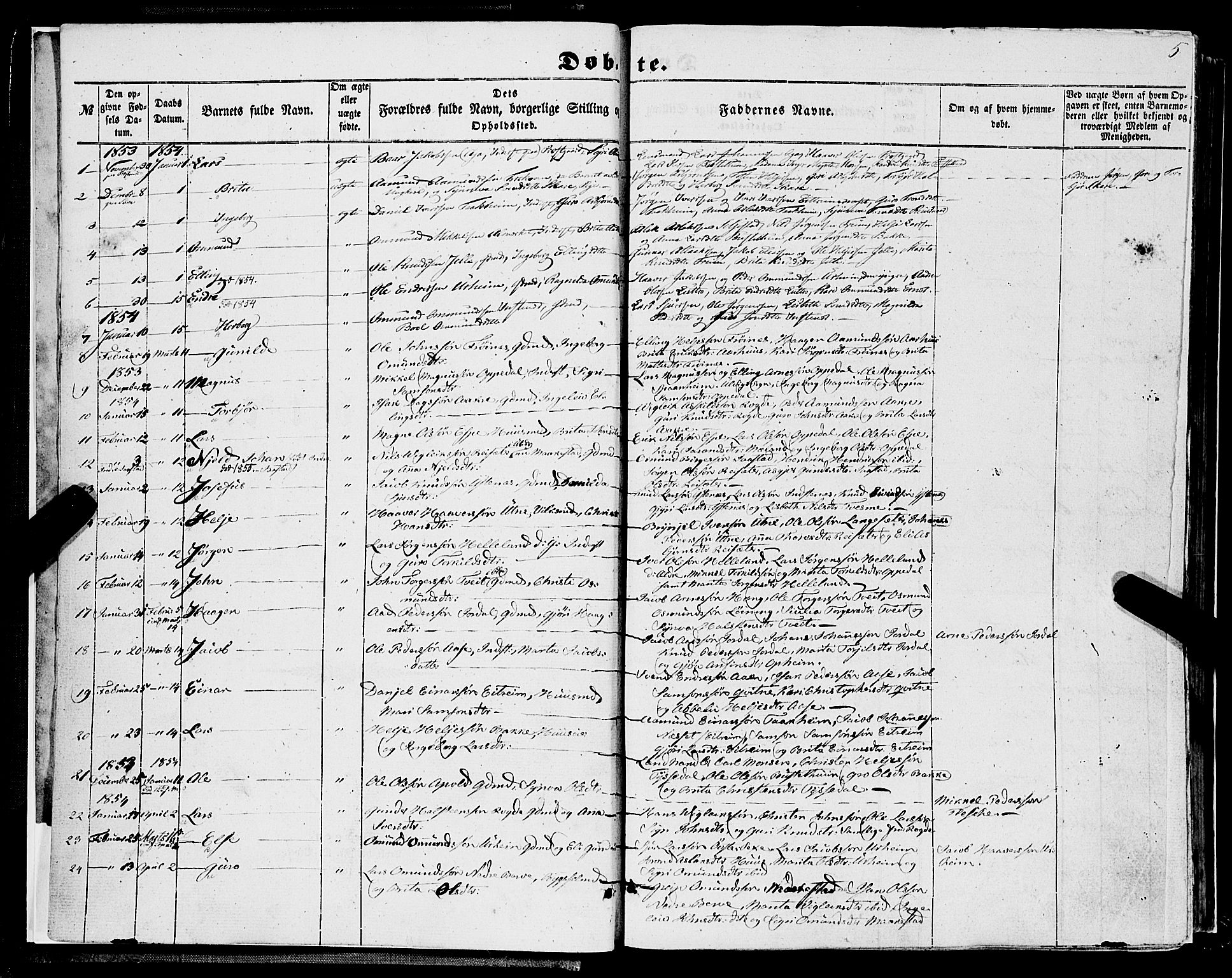 Ullensvang sokneprestembete, SAB/A-78701/H/Haa: Parish register (official) no. A 11, 1854-1866, p. 5