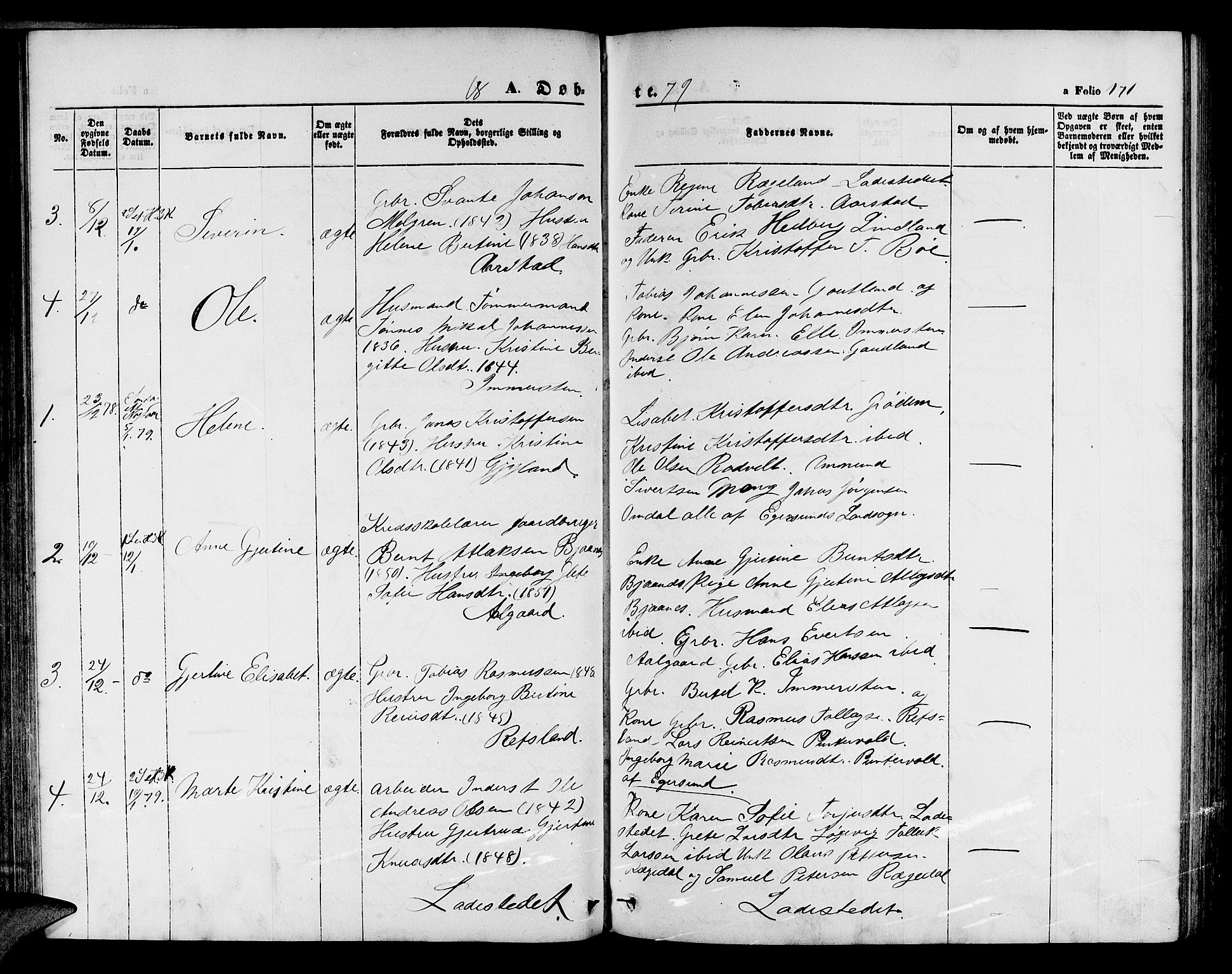 Sokndal sokneprestkontor, SAST/A-101808: Parish register (copy) no. B 3, 1865-1879, p. 171
