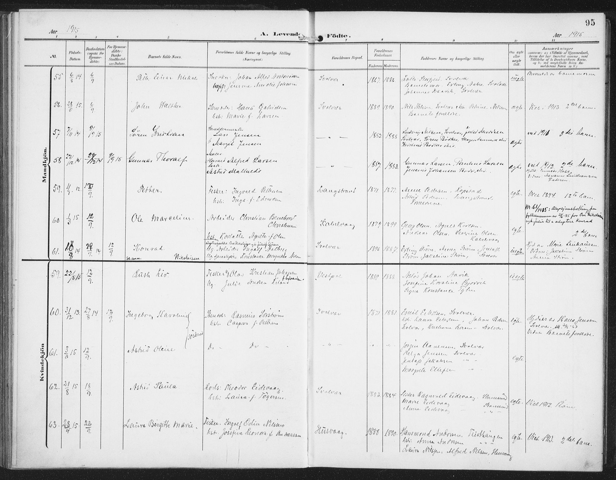 Ministerialprotokoller, klokkerbøker og fødselsregistre - Nordland, AV/SAT-A-1459/874/L1063: Parish register (official) no. 874A07, 1907-1915, p. 95