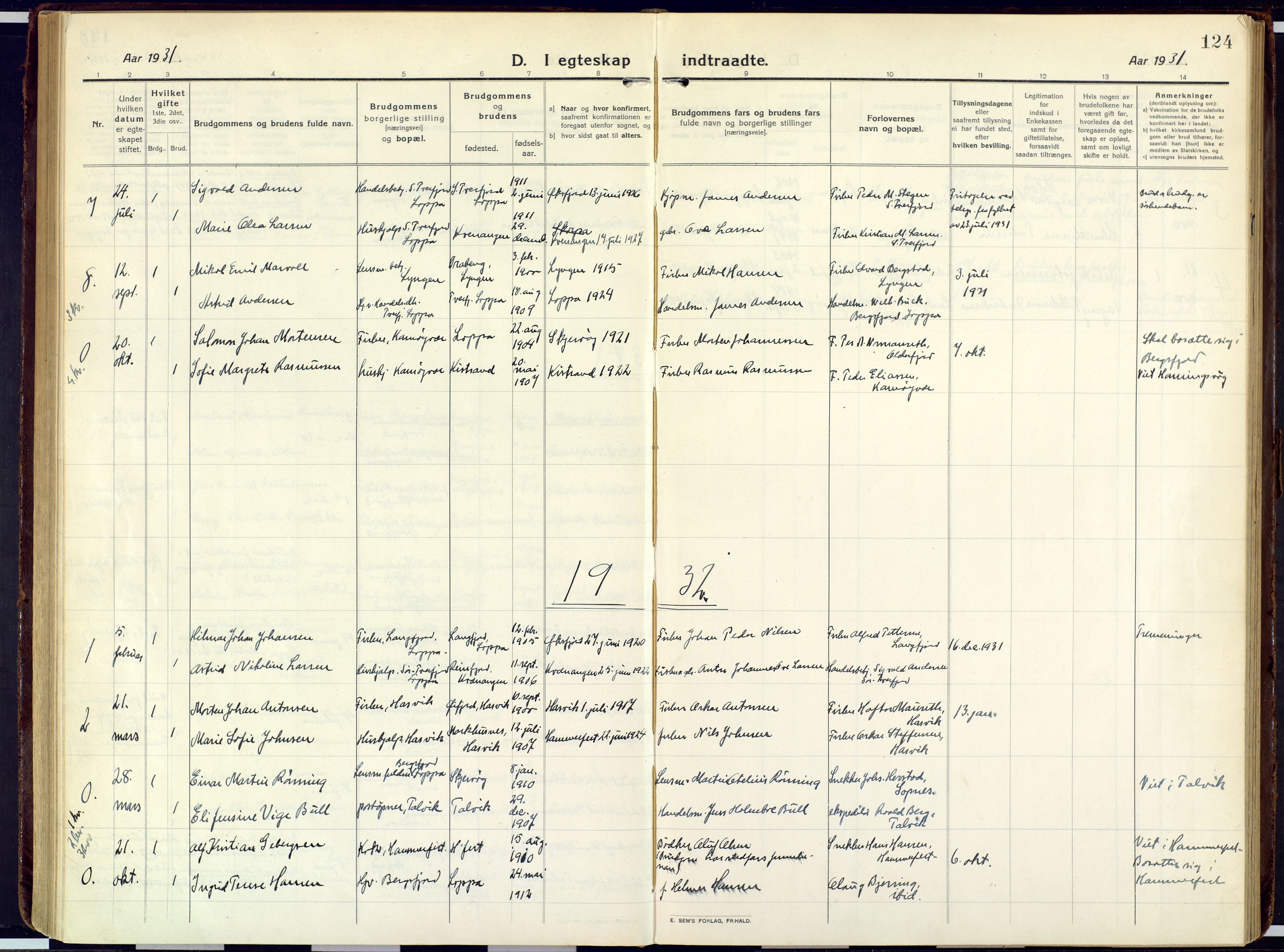 Loppa sokneprestkontor, SATØ/S-1339/H/Ha/L0013kirke: Parish register (official) no. 13, 1920-1932, p. 124