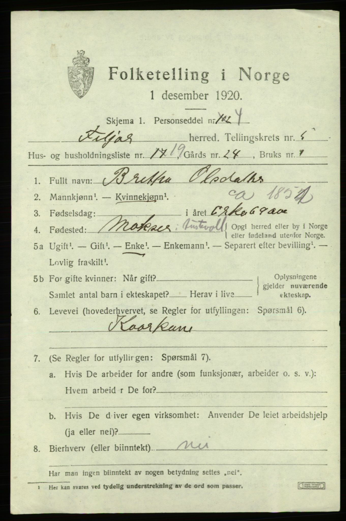 SAB, 1920 census for Fitjar, 1920, p. 2746