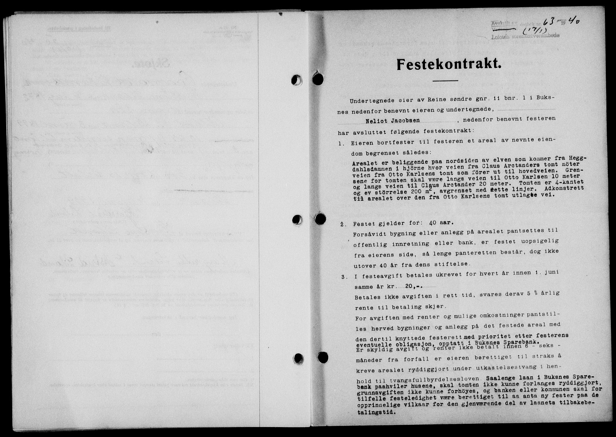 Lofoten sorenskriveri, SAT/A-0017/1/2/2C/L0007a: Mortgage book no. 7a, 1939-1940, Diary no: : 63/1940