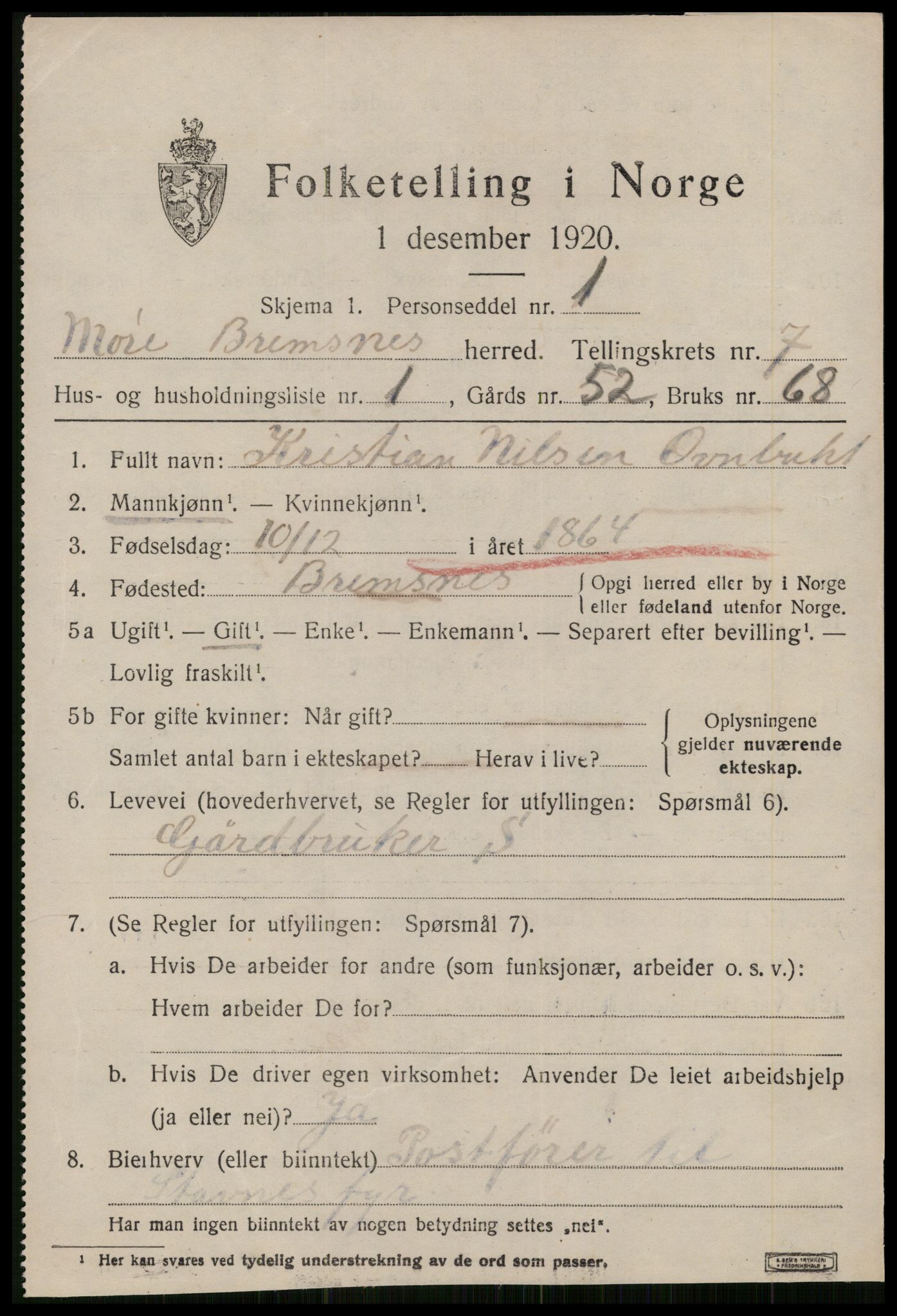 SAT, 1920 census for Bremsnes, 1920, p. 5525