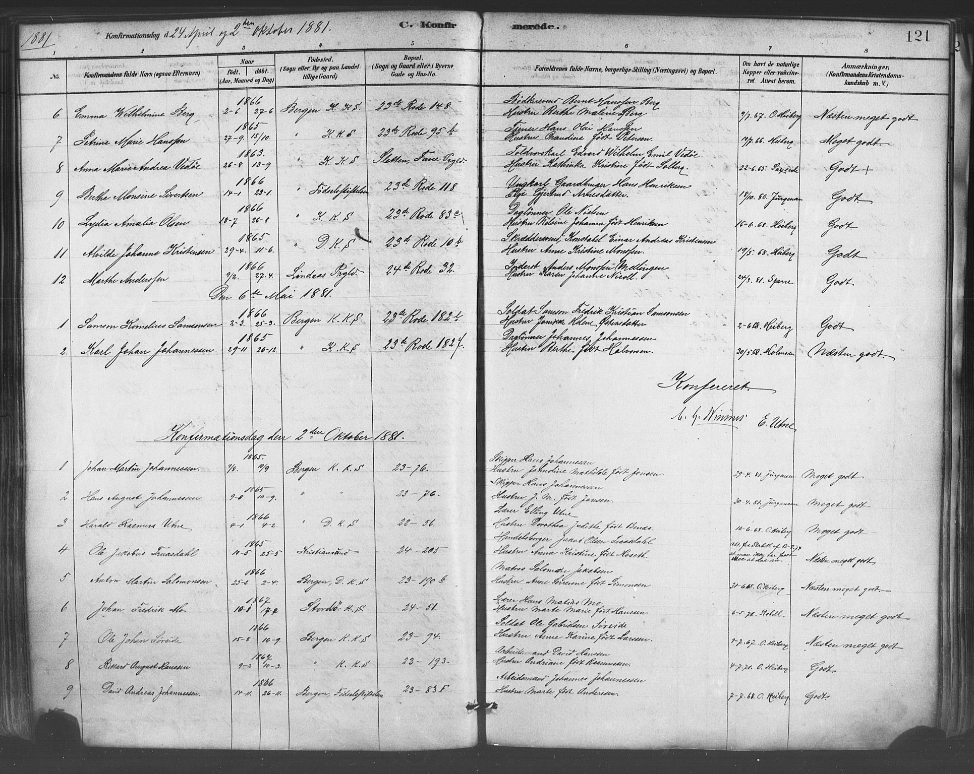 Mariakirken Sokneprestembete, AV/SAB-A-76901/H/Haa/L0007: Parish register (official) no. A 7, 1878-1893, p. 121