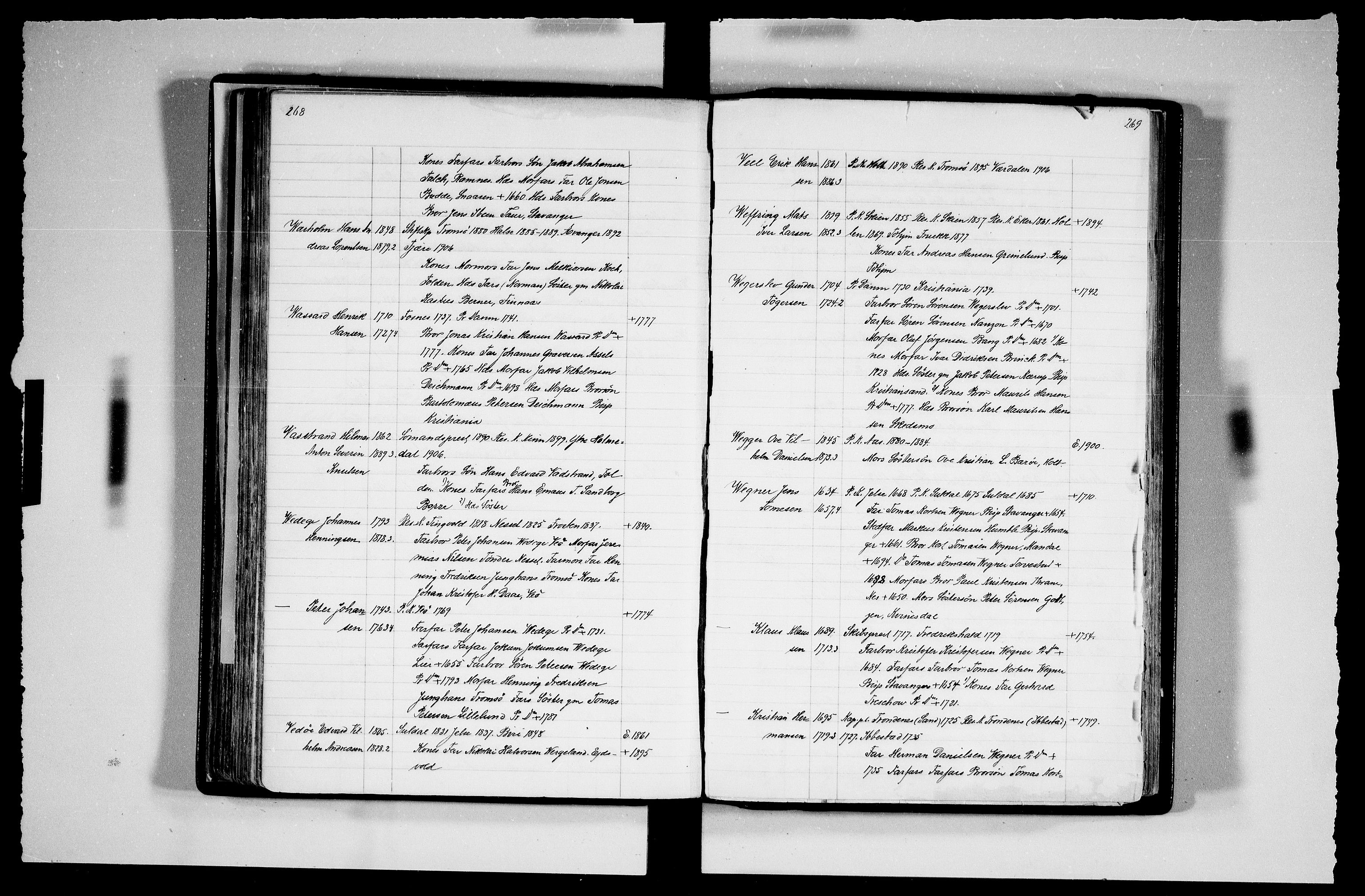 Manuskriptsamlingen, RA/EA-3667/F/L0111c: Schiørn, Fredrik; Den norske kirkes embeter og prester 1700-1900, Prester L-Ø, 1700-1900, p. 268-269