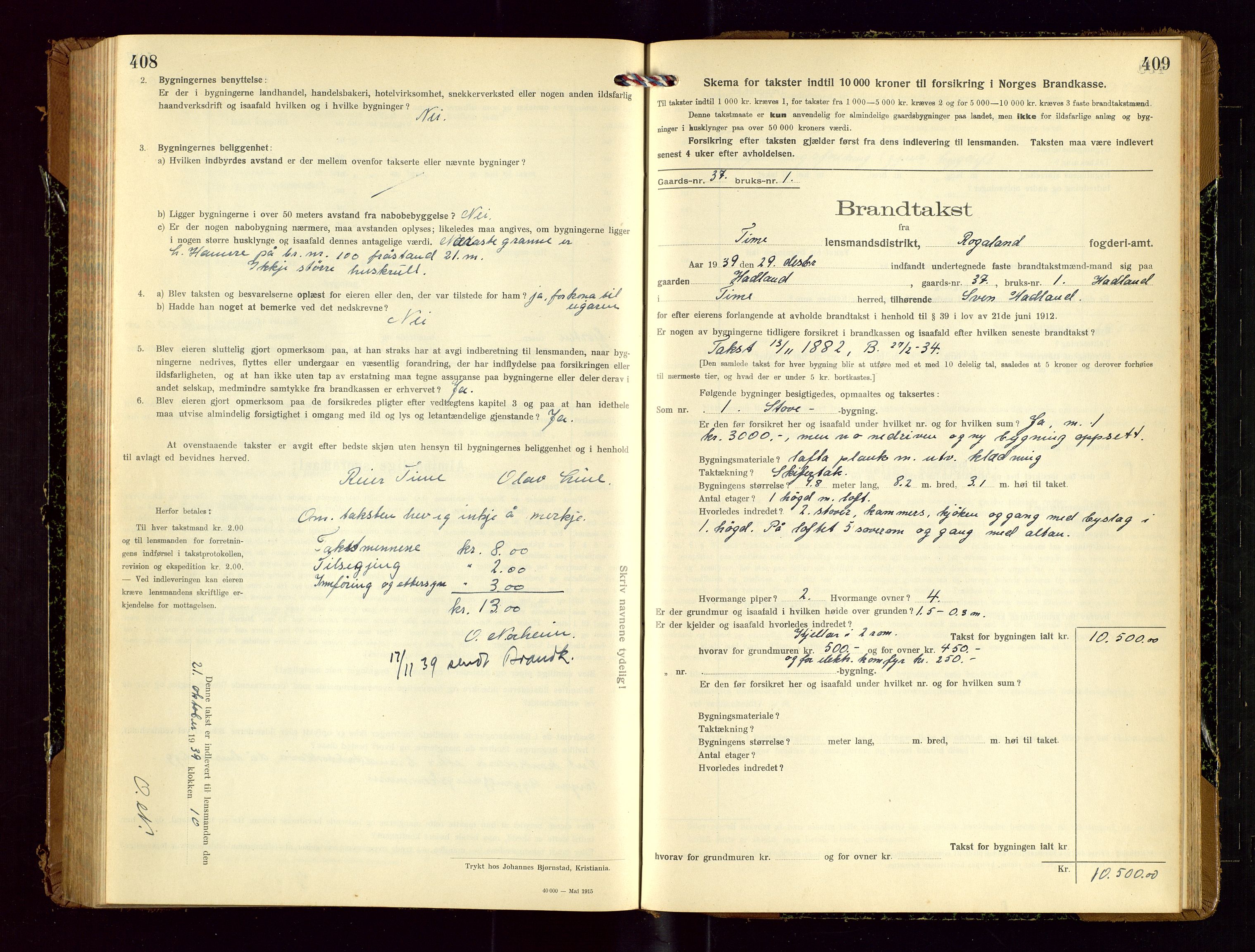 Time lensmannskontor, AV/SAST-A-100420/Gob/L0002: Branntakstprotokoll, 1919-1952, p. 408-409