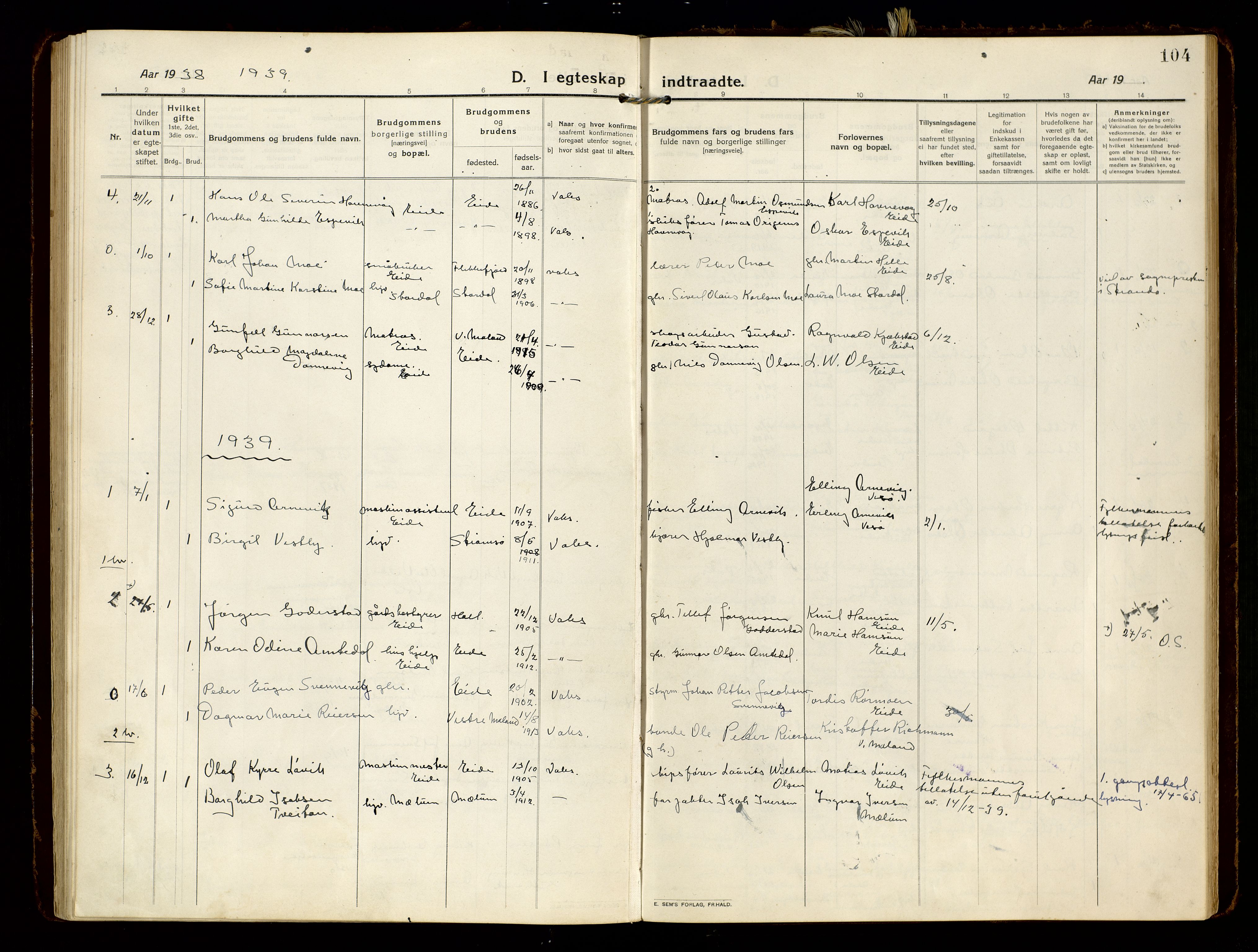 Hommedal sokneprestkontor, AV/SAK-1111-0023/F/Fa/Faa/L0004: Parish register (official) no. A 4, 1916-1945, p. 104