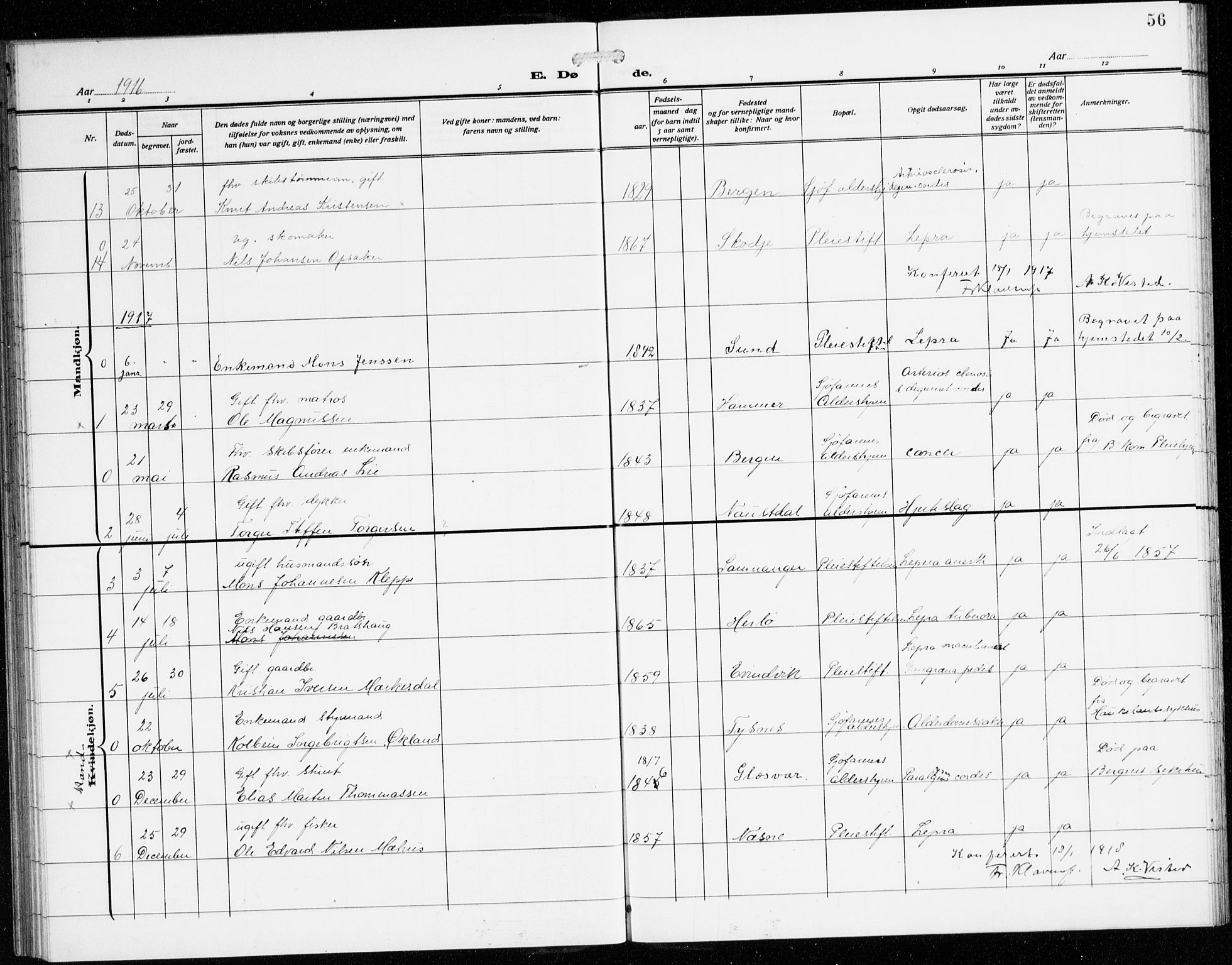 St. Jørgens hospital og Årstad sokneprestembete, SAB/A-99934: Parish register (copy) no. A 11, 1909-1935, p. 56