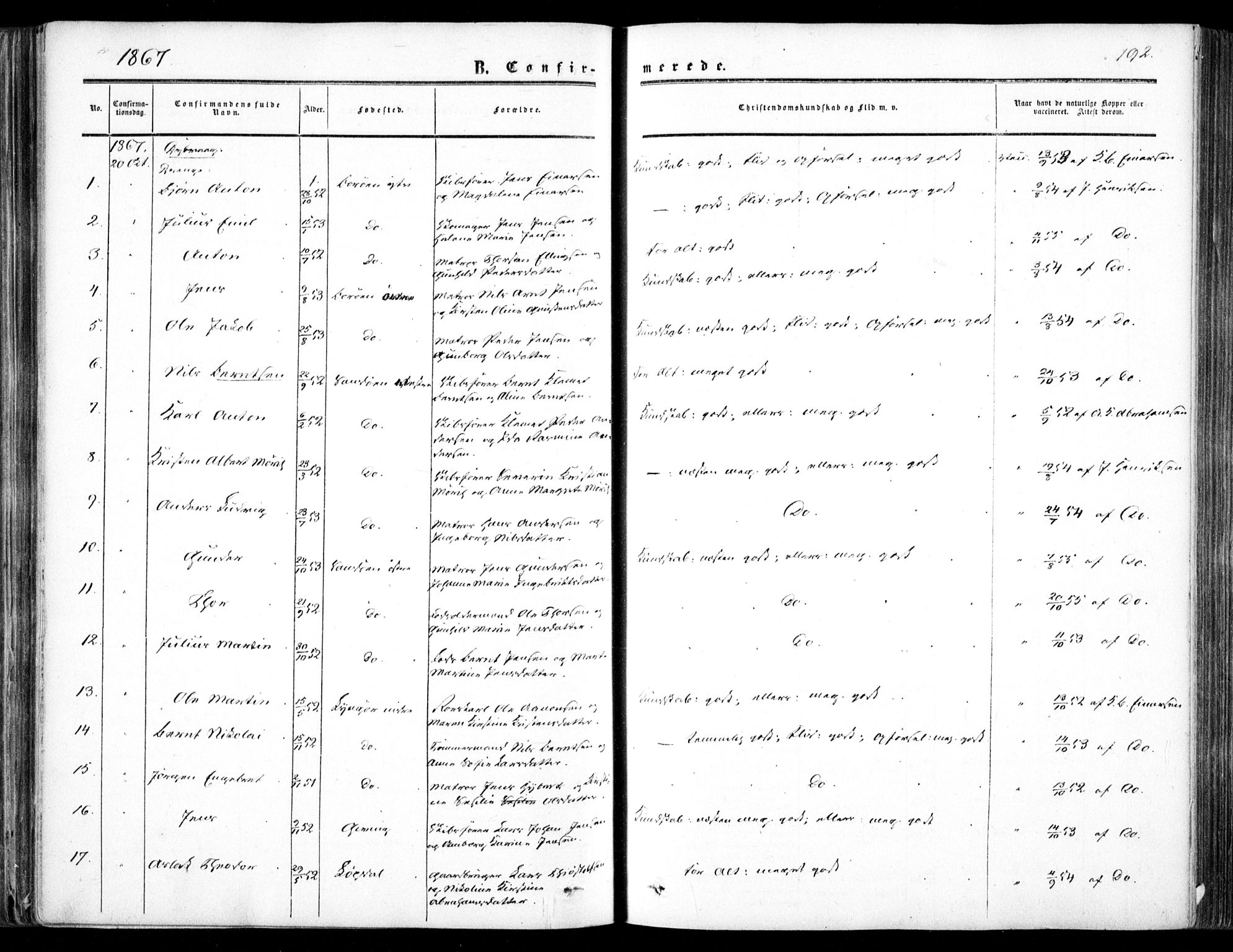Dypvåg sokneprestkontor, SAK/1111-0007/F/Fa/Faa/L0006: Parish register (official) no. A 6, 1855-1872, p. 192