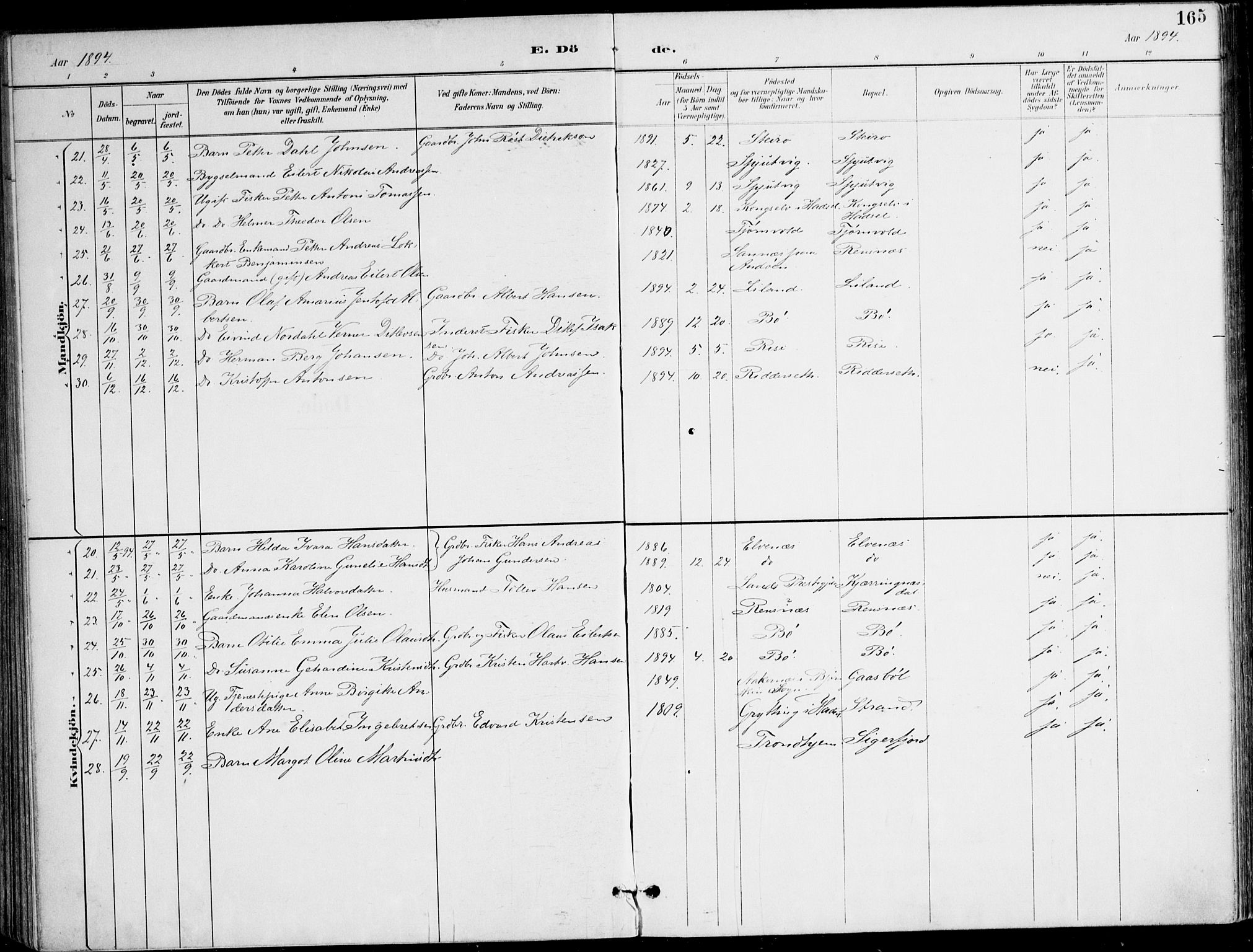 Ministerialprotokoller, klokkerbøker og fødselsregistre - Nordland, AV/SAT-A-1459/895/L1372: Parish register (official) no. 895A07, 1894-1914, p. 165