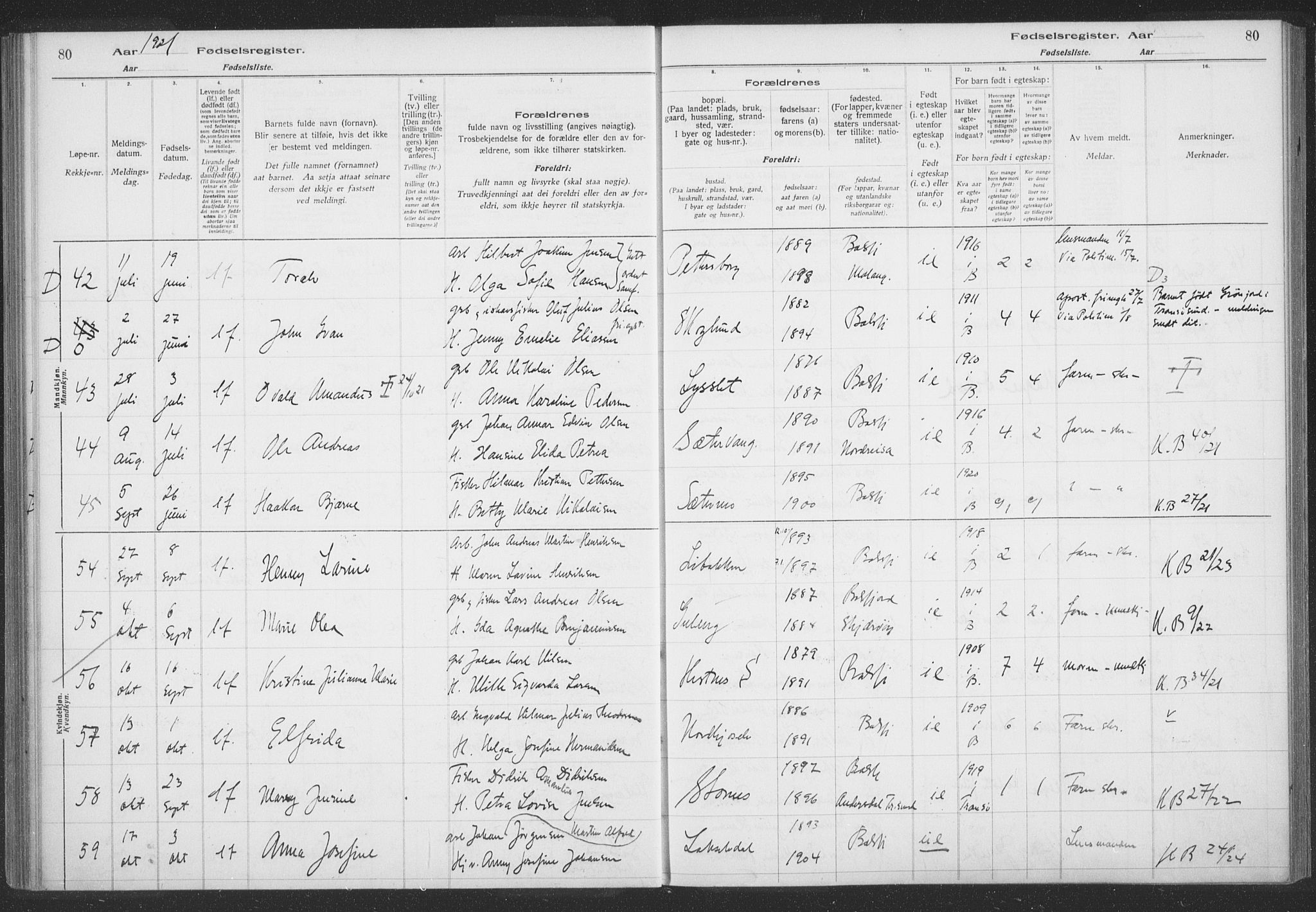Balsfjord sokneprestembete, SATØ/S-1303/H/Hb/L0059: Birth register no. 59, 1916-1930, p. 80