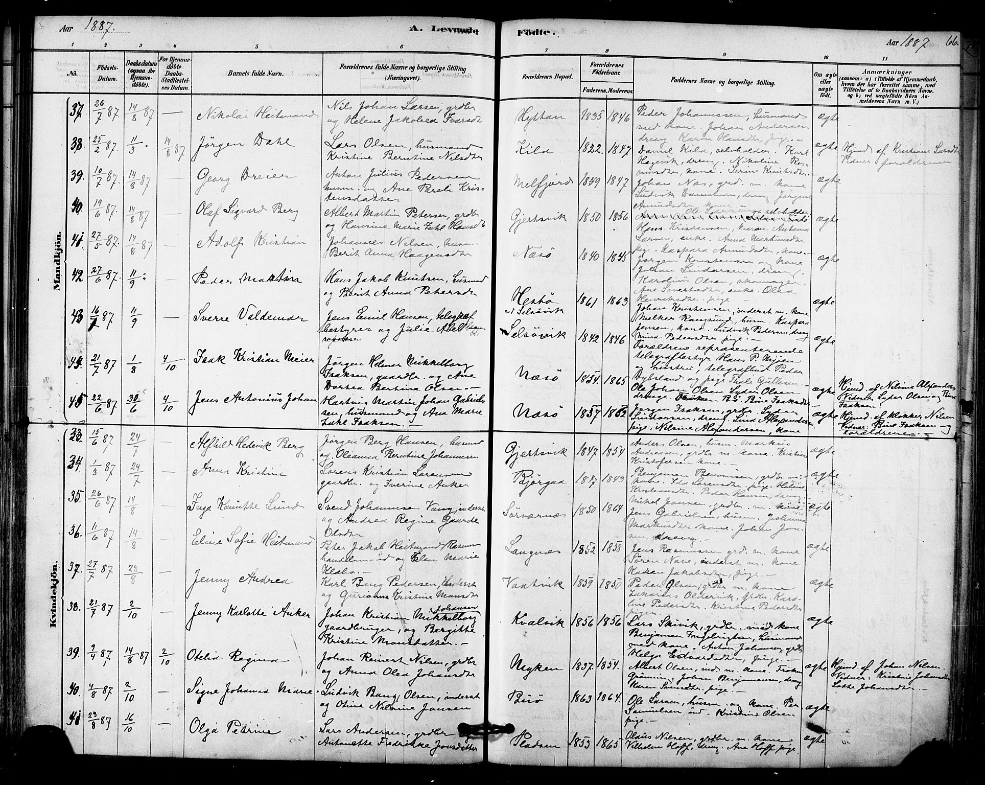 Ministerialprotokoller, klokkerbøker og fødselsregistre - Nordland, AV/SAT-A-1459/841/L0609: Parish register (official) no. 841A12, 1878-1901, p. 66